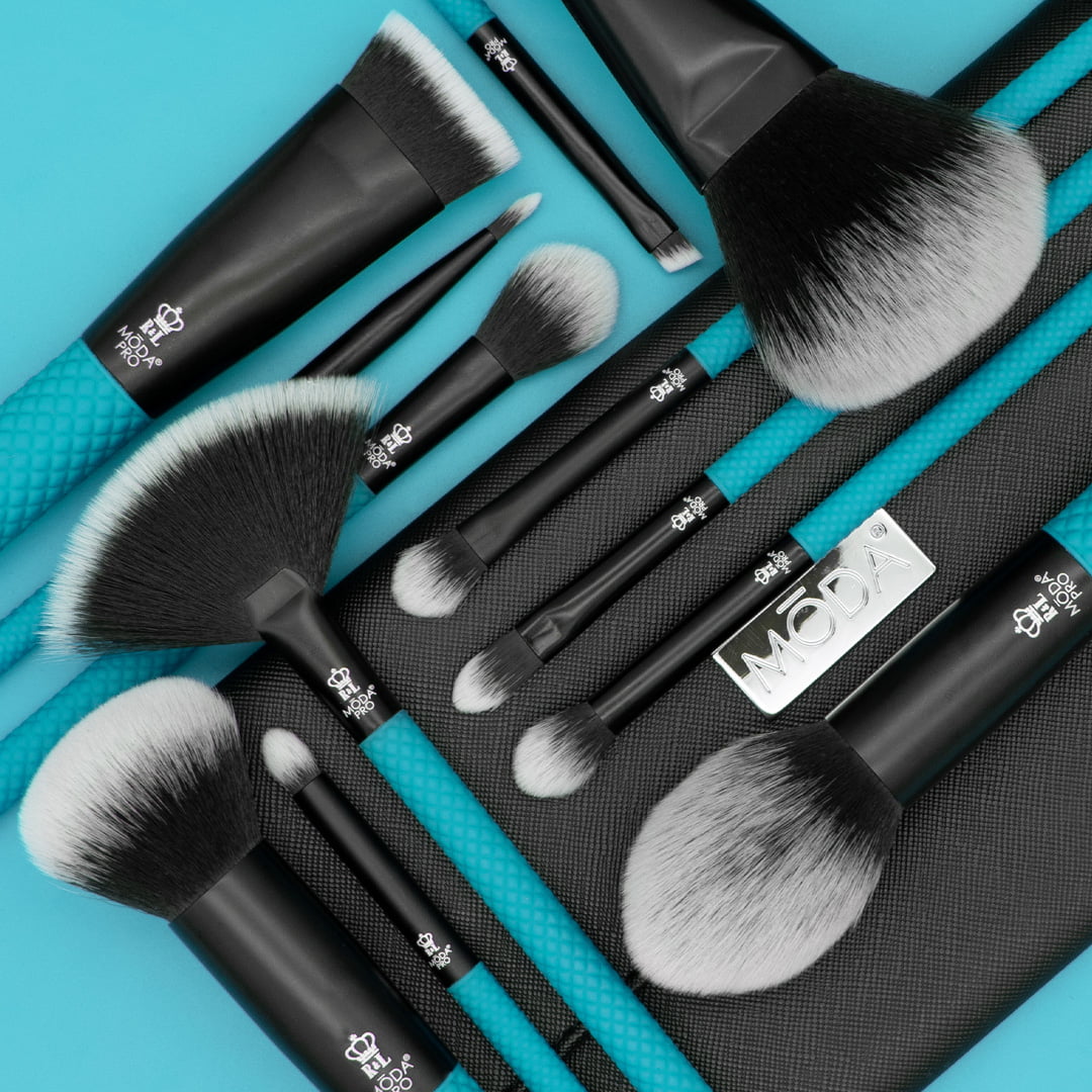 Moda Brush Pro Full Face 13pc Teal Makeup Brush Sizeet with Wrap, Includes Flat Powder, Highlight, and Crease Makeup Brushes