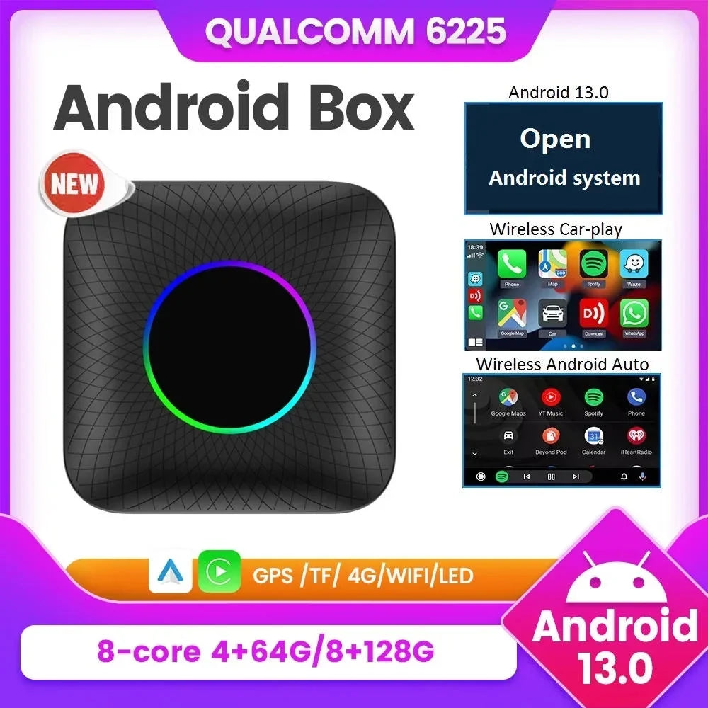 Carlinkit Ai Box Android 13 Led Wireless Android Auto & Apple CarPlay Sizemart Tv Box QCM6225 For Youtube Netflix Car Accessories