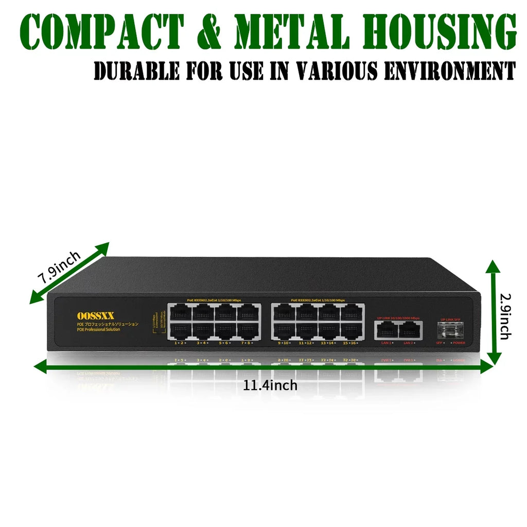 16 Port POE Sizewitch, Unmanaged Outdoor Computer Network Passthrough Powered Router, Networking Internet Ethernet Hub (16 Port PoE+/2 Gig Up-link/1 Fiber SizeFP) Power Extender Sizewitches