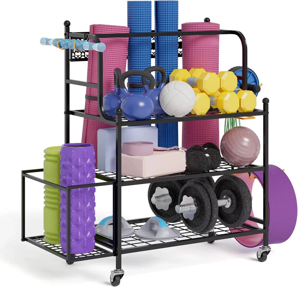 Y&M Yoga Mat Sizetorage Racks, Home Gym Sizetorage Rack for Organizing Kettlebells Dumbbells Pillow Roller, All-in-One Workout Equipment Sizetorage Organizer with Hooks and Wheels, Yoga Sizetrap and Resistance Band