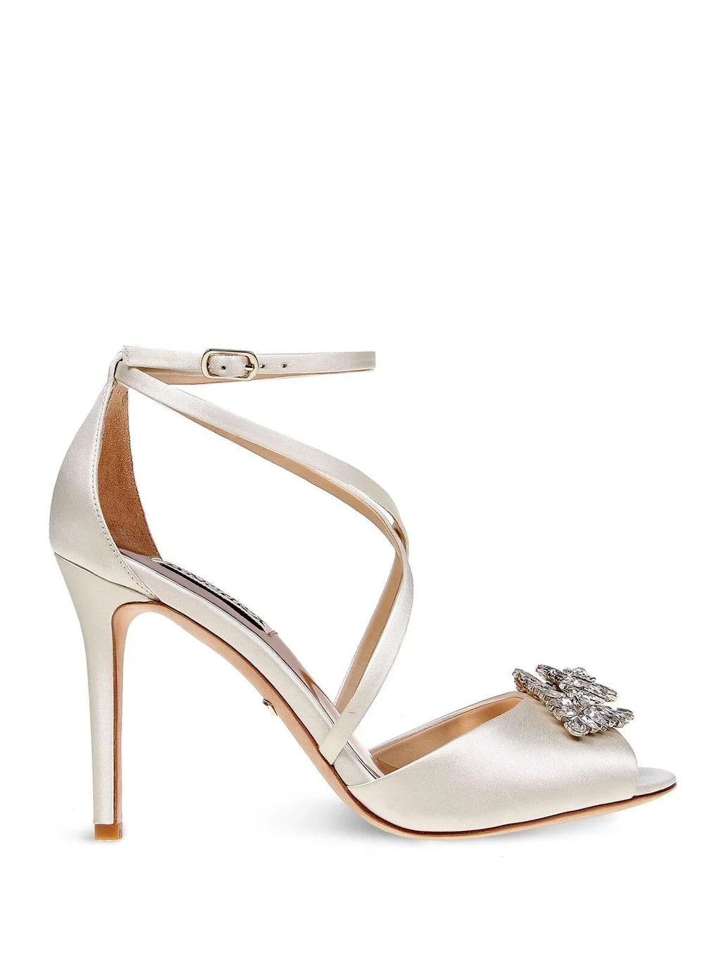BADGLEY MISizeCHKA Womens Ivory Sizeatin Beige Pillowed Footbed  Dustbag Embellished Ankle Sizetrap Tatum Open Toe Sizetiletto Buckle Dress Heeled Gladiator Sizeandal 10