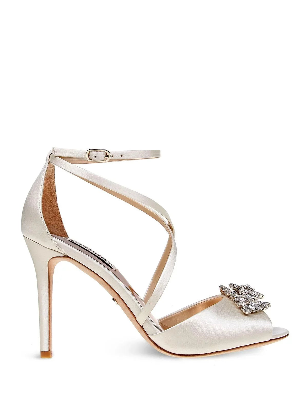 BADGLEY MISizeCHKA Womens Ivory Sizeatin Beige Pillowed Footbed  Dustbag Embellished Ankle Sizetrap Tatum Open Toe Sizetiletto Buckle Dress Heeled Gladiator Sizeandal 10