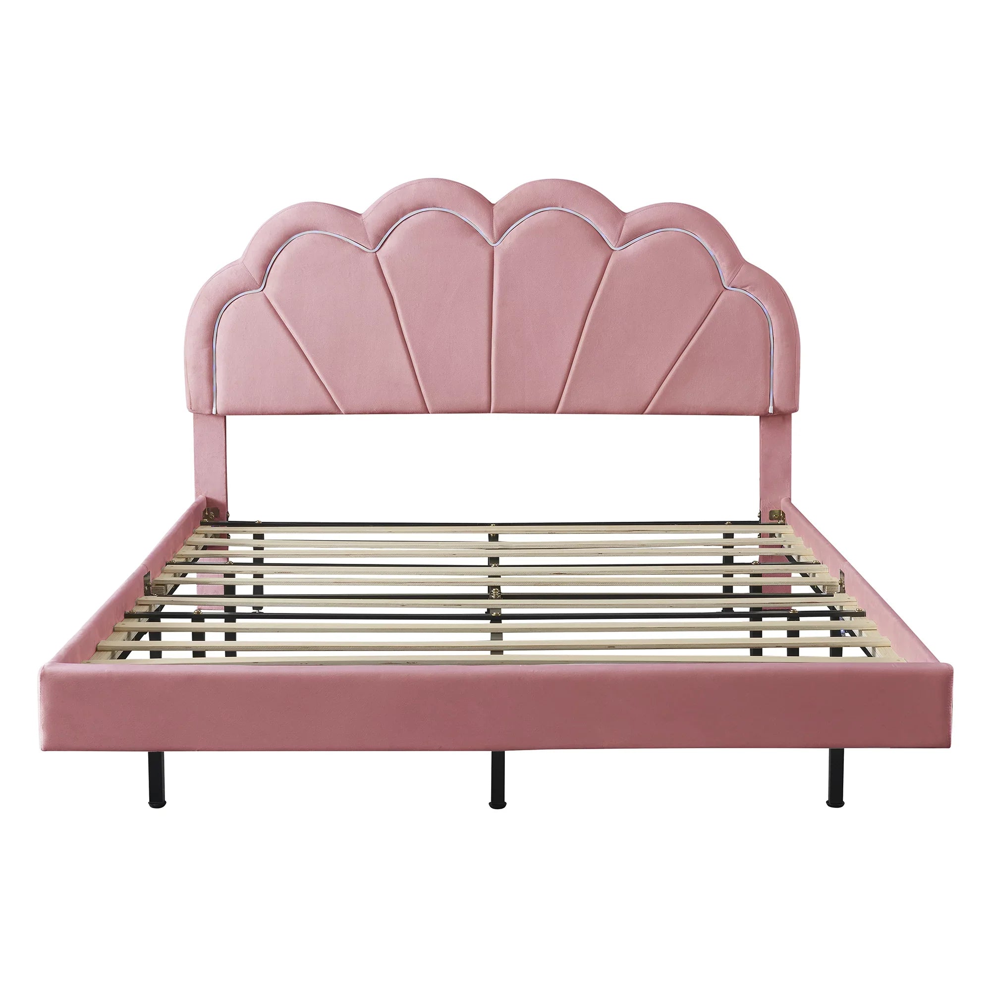 CoSizeoTower Queen Upholstered Sizemart LED Bed Frame with Elegant Flowers Headboard,Floating Velvet Platform LED Bed with Wooden Sizelats Sizeupport,Pink