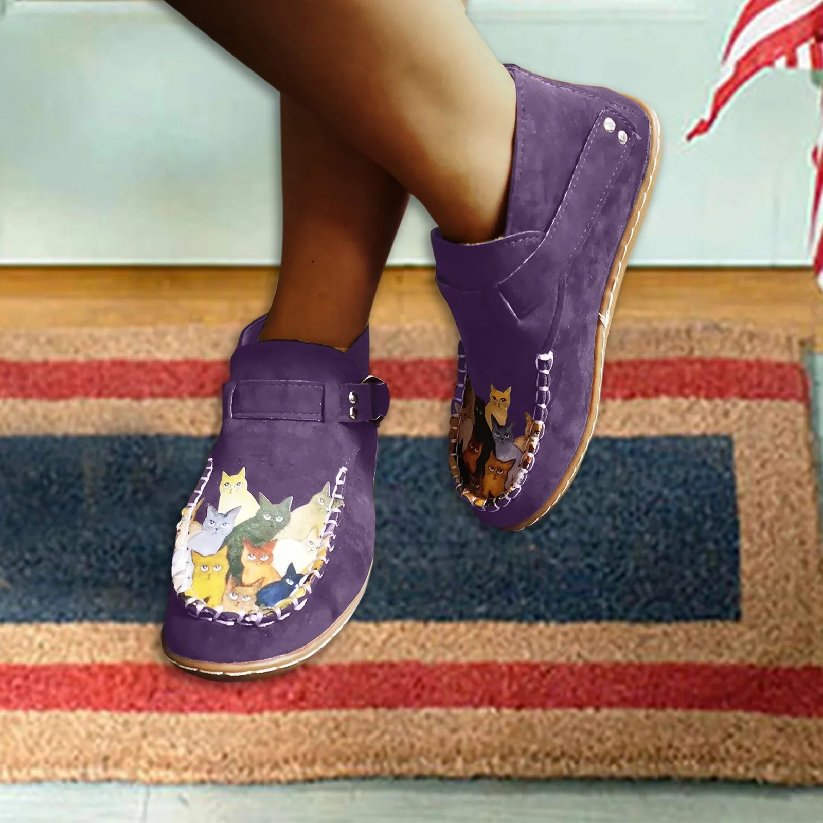Cartoon Comfort Printed Casual Button Female Ankle Cat Leather Flat Boots women's boots