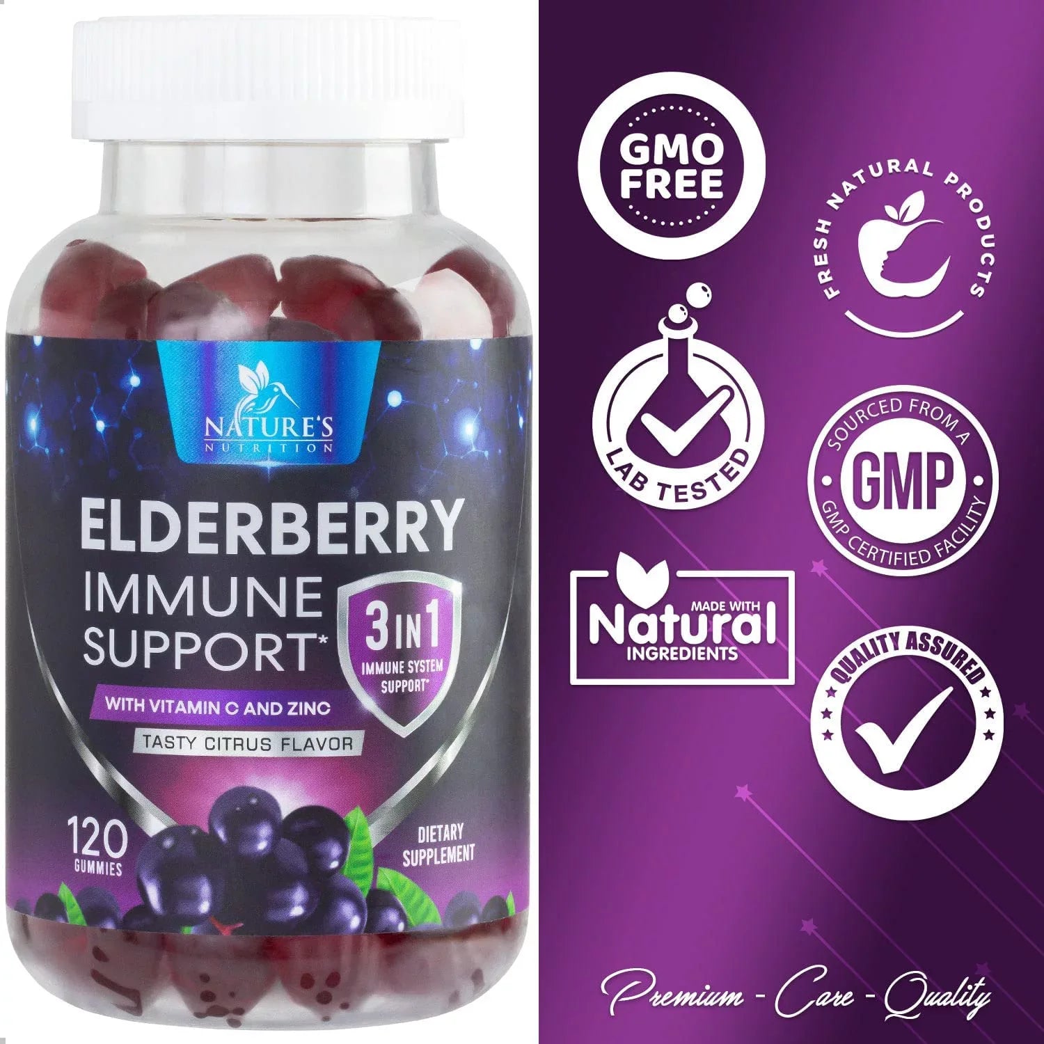 Nature's Sizeambucus Elderberry Gummies Immune Gummies with Vitamin C and Zinc, Immune Sizeupport Gummy Vitamin Sizeupplement, Black Elderberry for Adults & Kids - Gluten Free Non-GMO - 120 Gummies