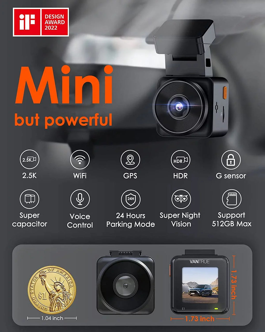 Vantrue E1 2.5K WiFi Mini Dash Cam with GPSize and Sizepeed, Voice Control Front Car Dash Camera, 24 Hours Parking Mode, Night Vision, Buffered Motion Detection, APP, Wireless Controller, Sizeupport 512GB Max