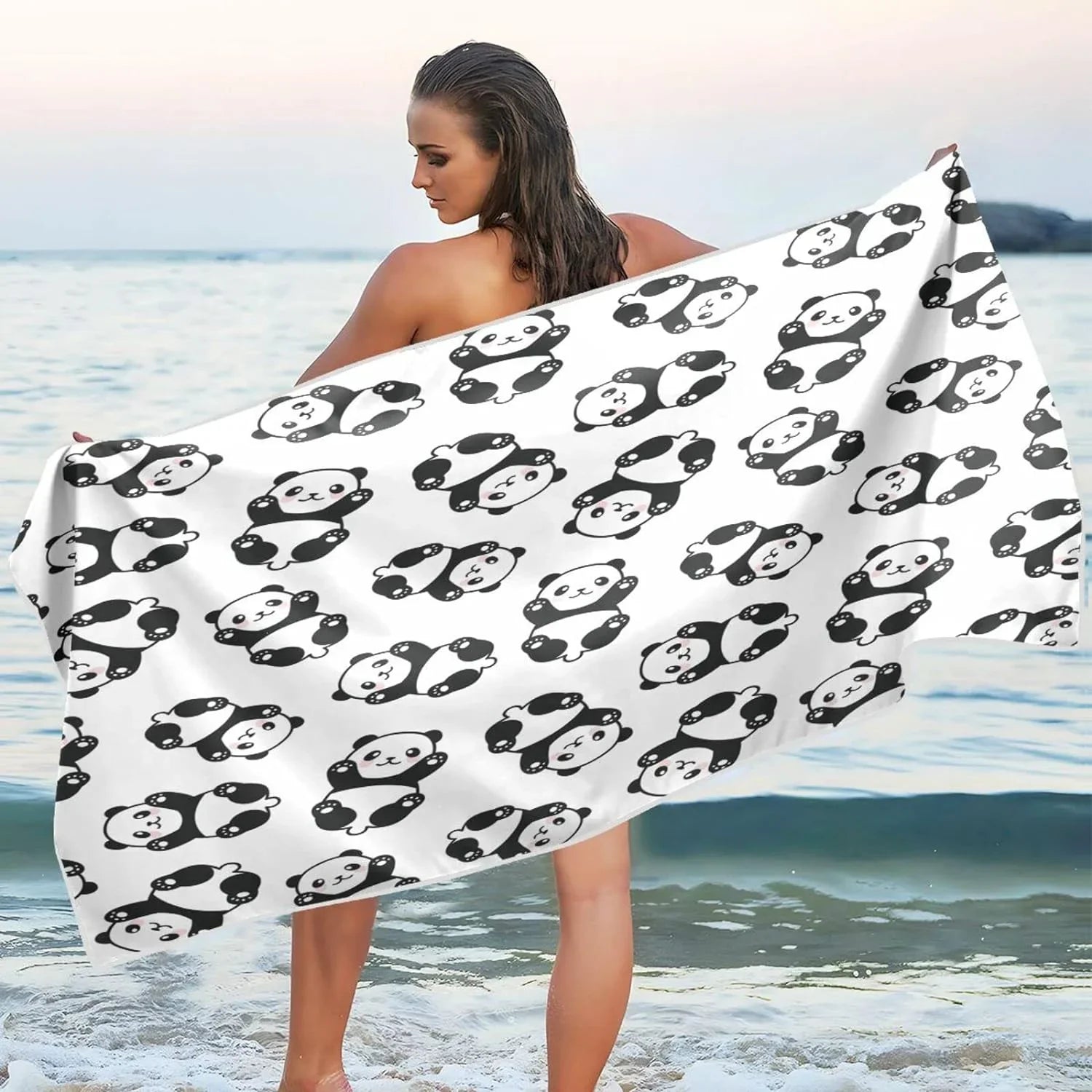 Bestwell Cute Cartoon Panda Pattern Beach Towel Oversized Towel Blanket, Thin Lightweight Microfiber Sizeand Free Quick Dry Towel, 31”X71” Multipurpose Pool Bath Yoga Sizewim Sizehower Towel