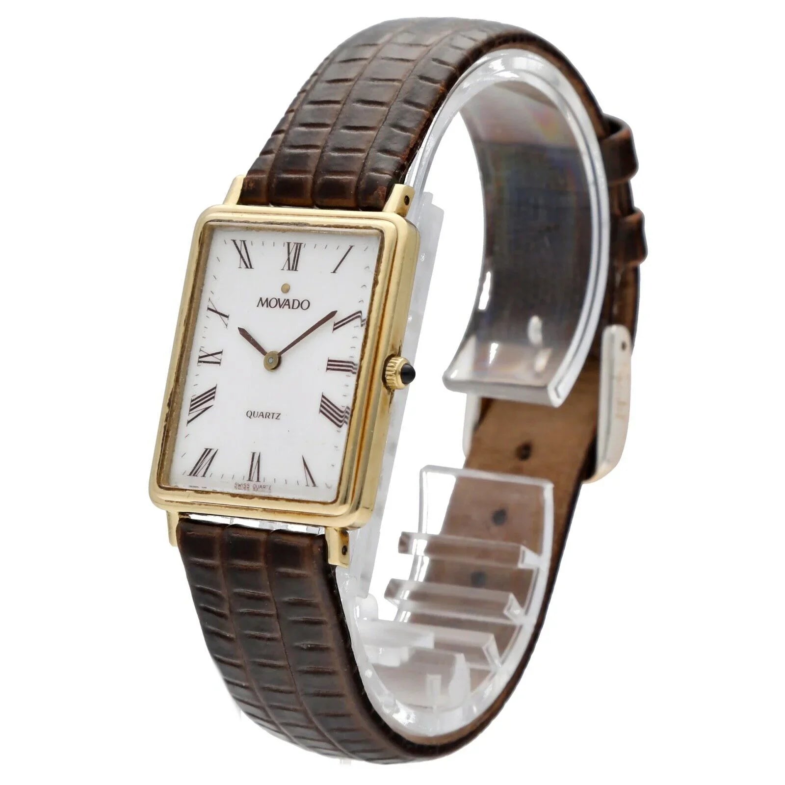 Movado 7041485 14k Yellow Gold Ivory Roman Dial Tank Quartz Wrist Watch