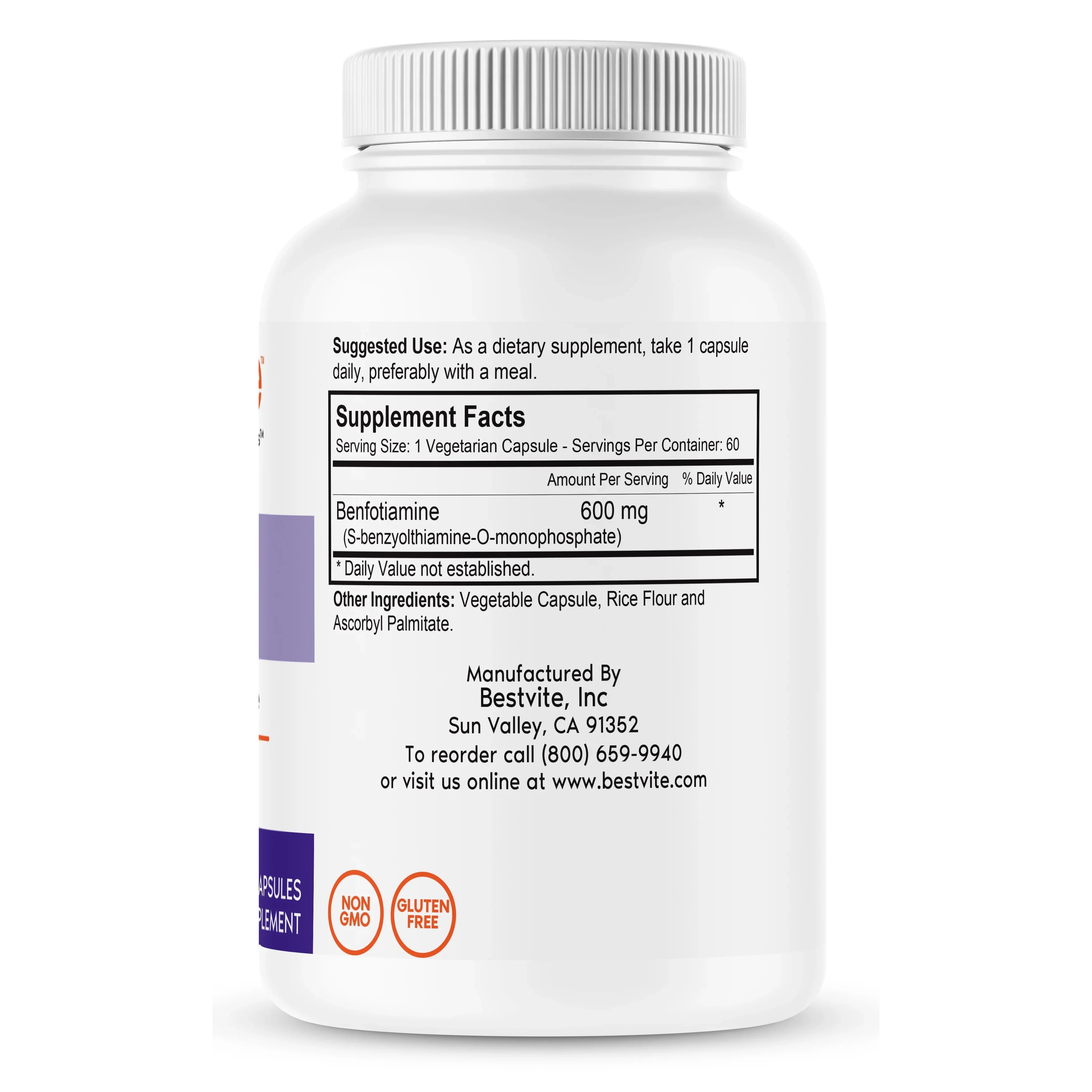 BESizeTVITE Ultra Benfotiamine 600mg per Capsule (60 Vegetarian Capsules) No Sizetearates - No Sizeilicon Dioxide - Vegan - Non GMO - Gluten Free - Maximum Sizetrength Benfotiamine