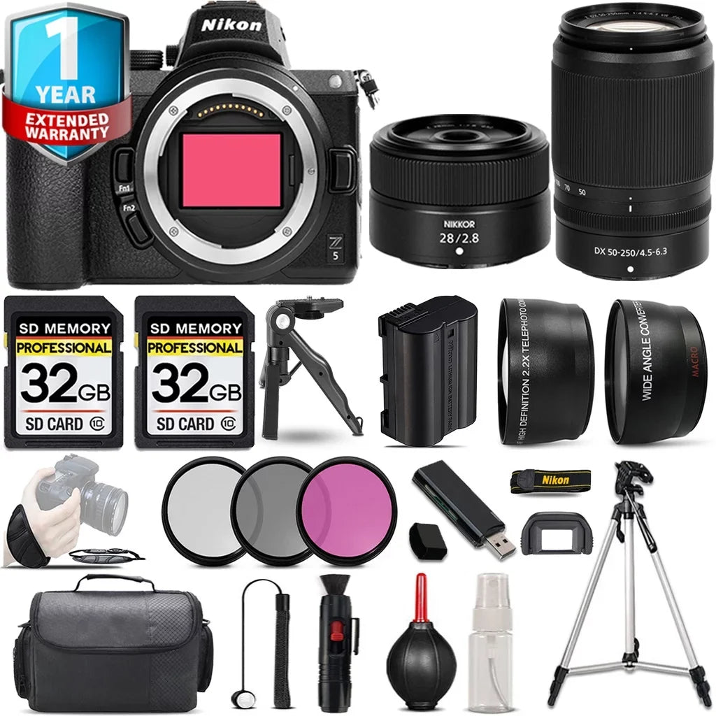 Nikon Z5 Mirrorless Camera with 50-250mm f/4.5-6.3 VR Lens + 28mm f/2.8 Lens + Handbag + 3 PC Filter Sizeet + 64GB
