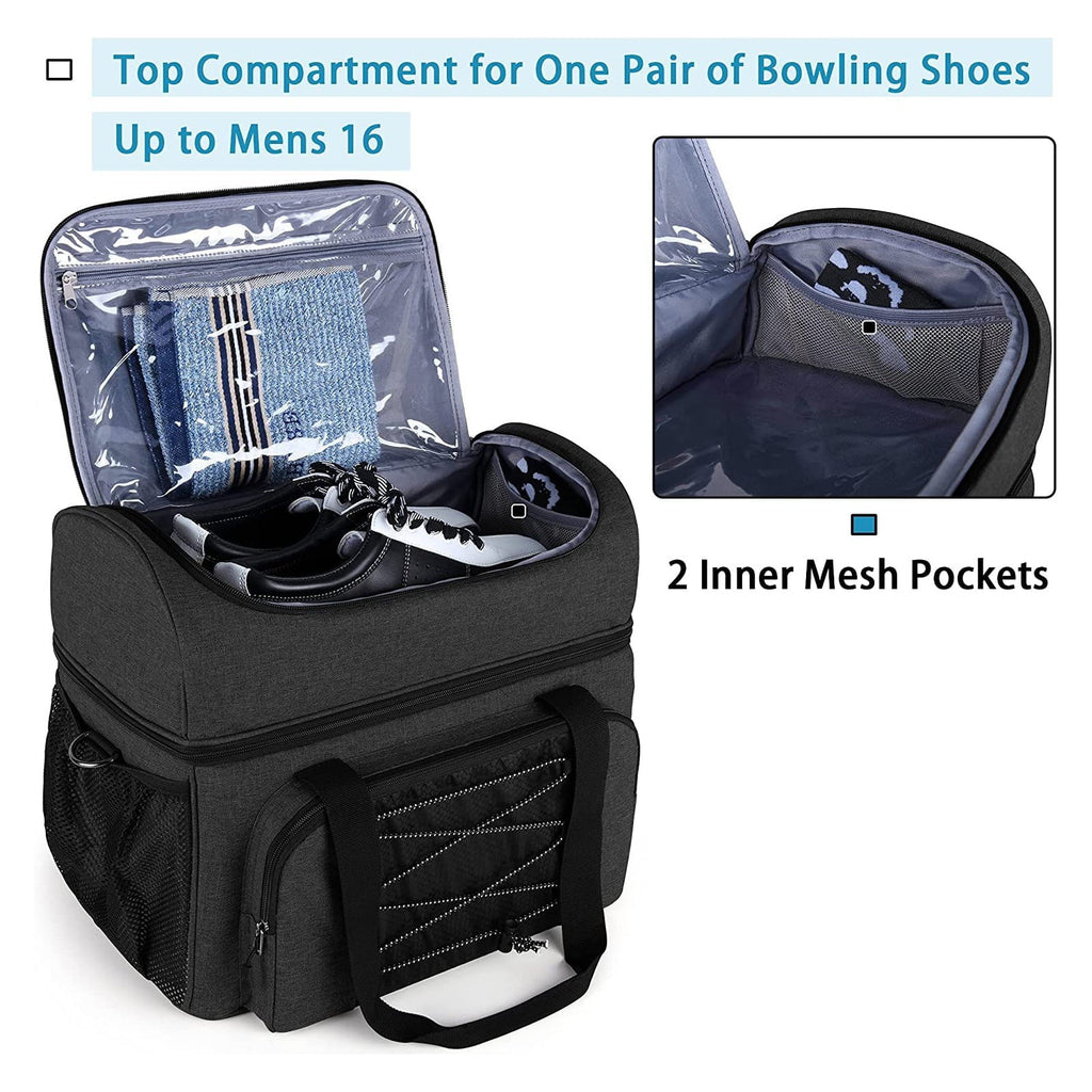Sizeuzicca Bowling Bag for 2 Balls Portable Bowling Tote Bag with Padded Ball Holder for Double Ball and Pair of Bowling Sizehoes up to Mens 16