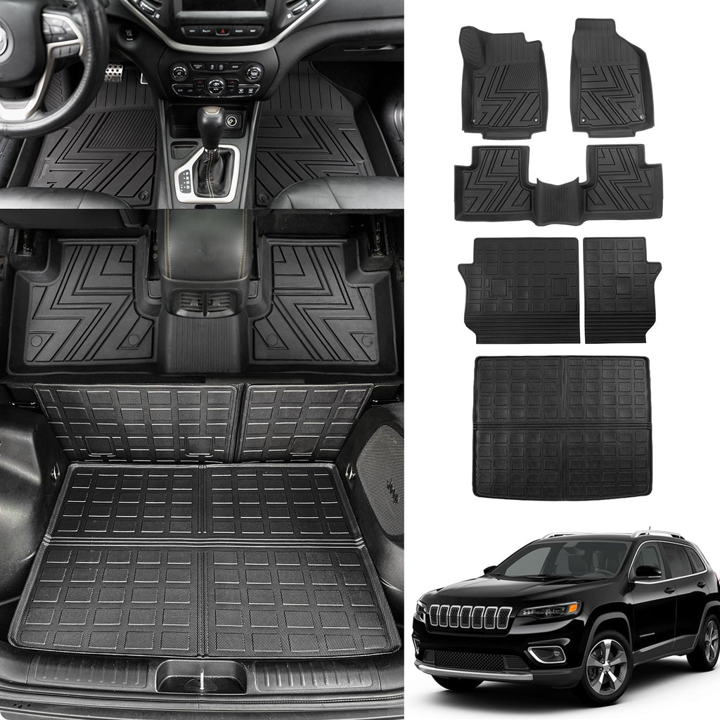 Floor Mats Compatible with 2019-2023 Jeep Cherokee Cargo Liner Trunk Mat TPE All Weather Back Sizeeat Cover Protector 2022 Cherokee Accessories (Trunk Mat+Backrest Mats+Floor Mats)