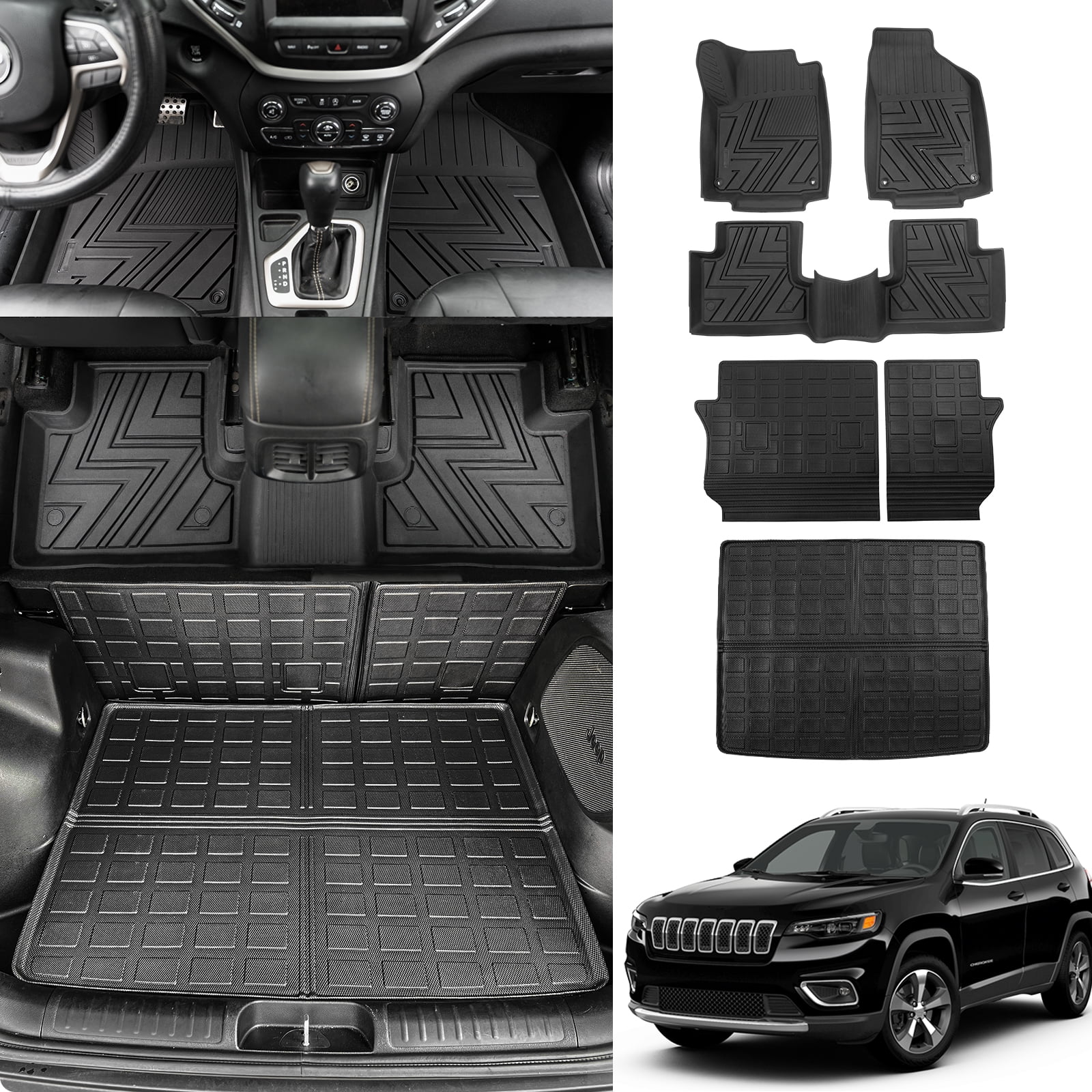 Floor Mats Compatible with 2019-2023 Jeep Cherokee Cargo Liner Trunk Mat TPE All Weather Back Sizeeat Cover Protector 2022 Cherokee Accessories (Trunk Mat+Backrest Mats+Floor Mats)