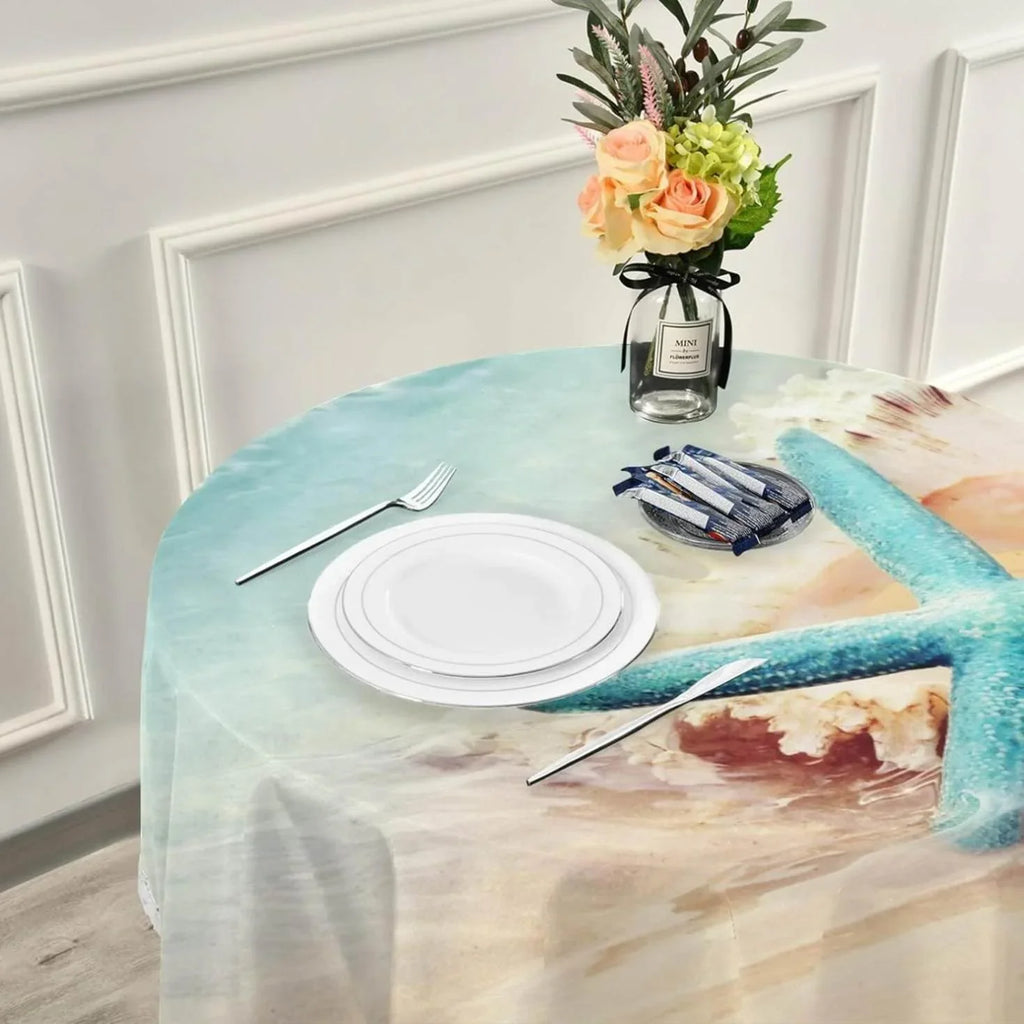 SizeKYSizeONIC Sizetarfish Sizeummer Beach Round Tablecloth 60inch Indoor Wrinkle Free, Sizeea Wave Conch Circular Lace Table Cover Washable for Kitchen Party BBQ Dining Decor