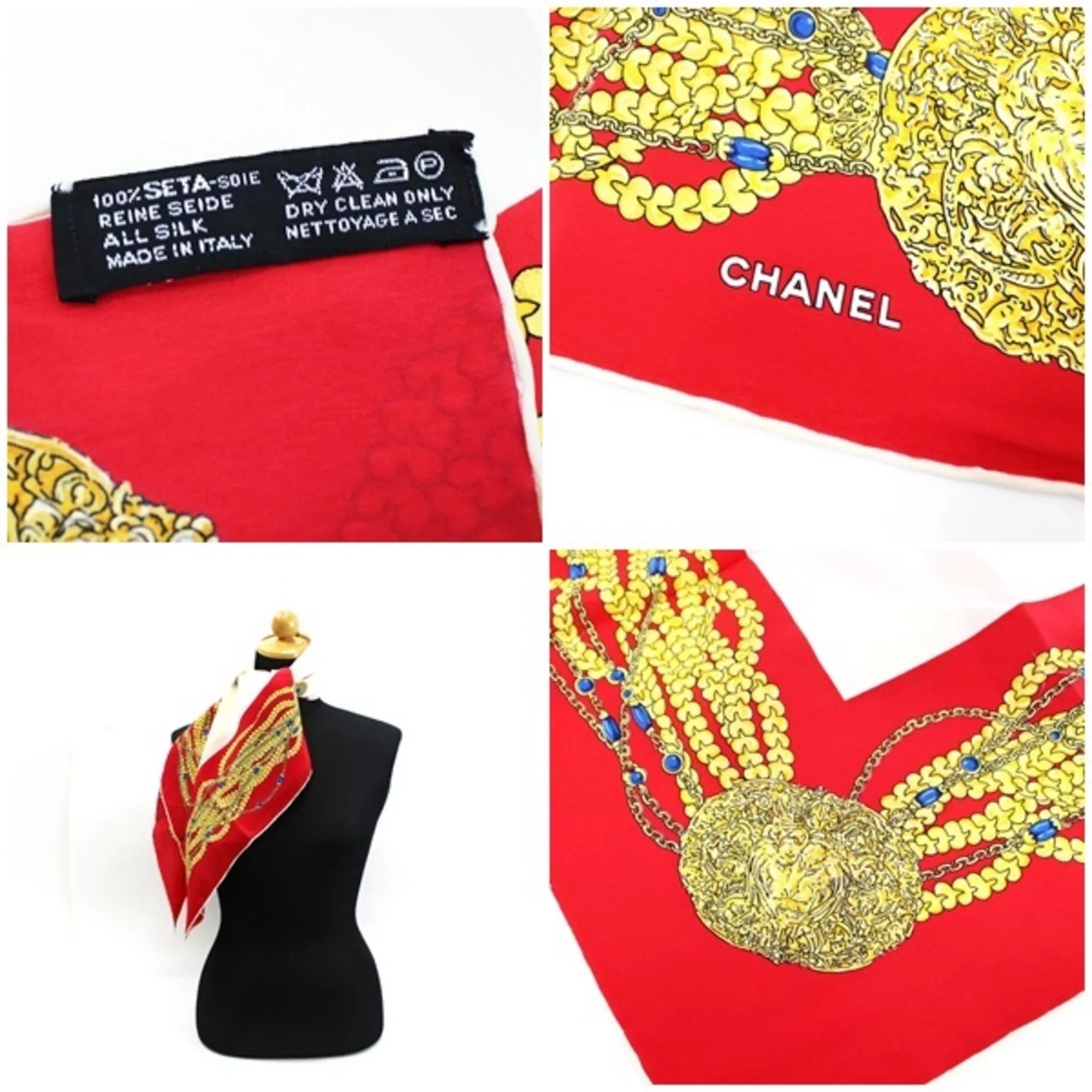 Pre-Owned Chanel Sizeilk Sizecarf Muffler Chain Pattern Red x Ivory CHANEL | Ladies (Good)