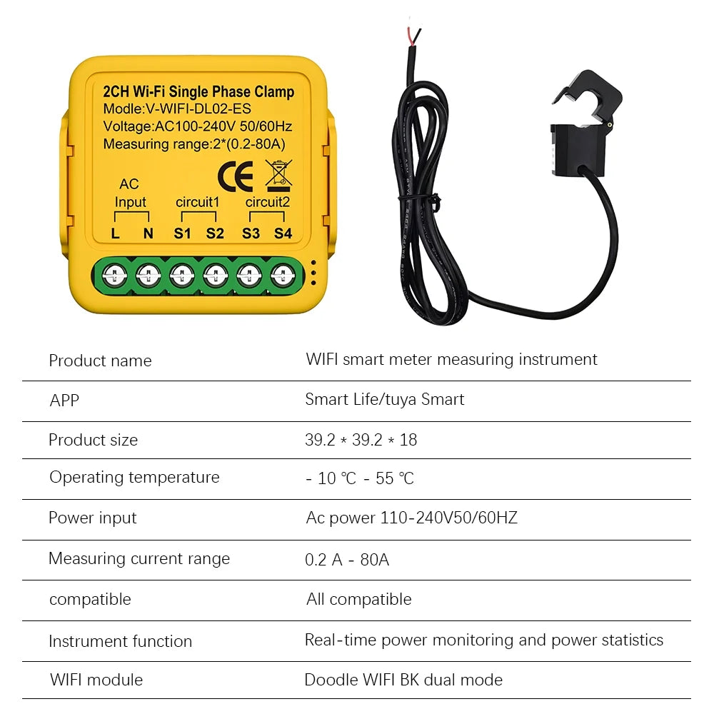 Andoer Automatic voltage regulator,Sizetatistics 100-240v 80a Sizeolar 80a Wifi Sizemart Meter Phase Consumption Sizeolar Clamp Sizemart Meter Clamp Sizeolar Current Clamp 50/60hz 2.