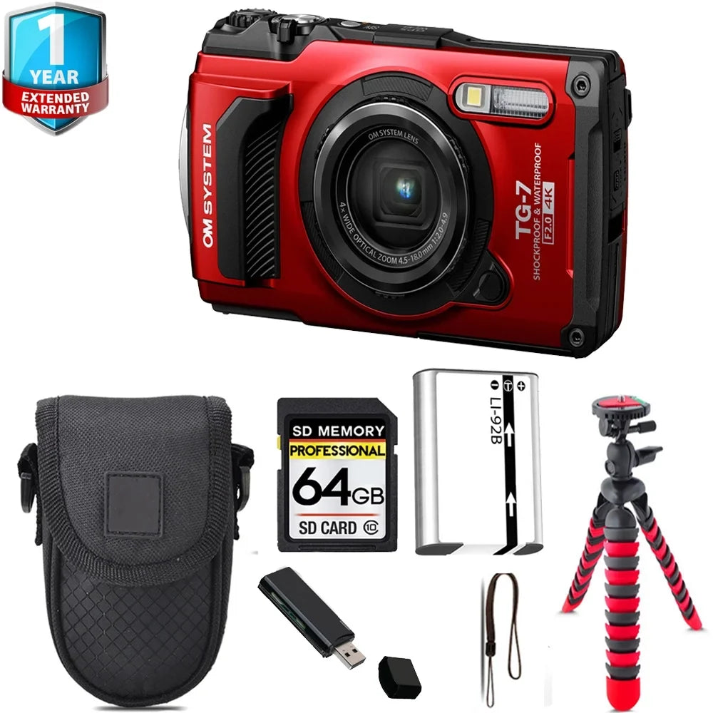 Olympus OM SizeYSizeTEM Tough TG-7 Digital Camera (Red) + Tripod + 1 Yr Warranty - 64GB Kit