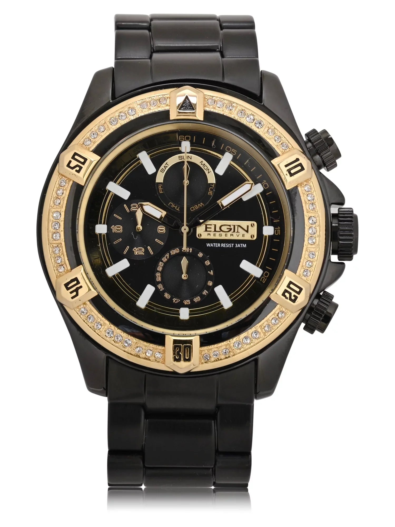Elgin Adult Male Analog Watch with Black and Gold Chrono Display - FG160064