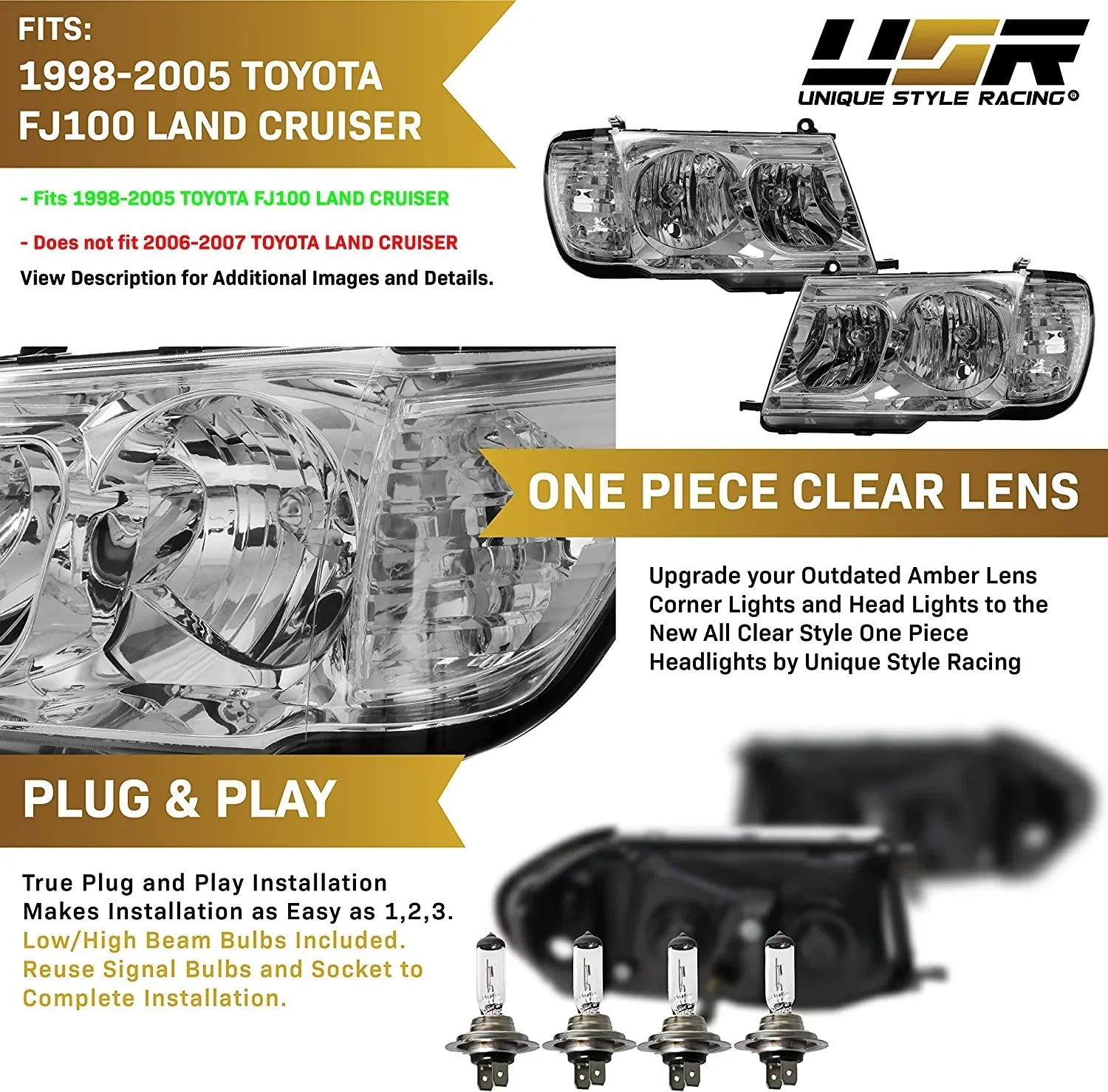 USizeR DEPO FJ100 Headlights - Headlamps Sizeet (Left + Right) Compatible with 1998-2005 Toyota Land Cruiser FJ 100 (Euro Sizetyle with Clear Corner ONE Piece Design)