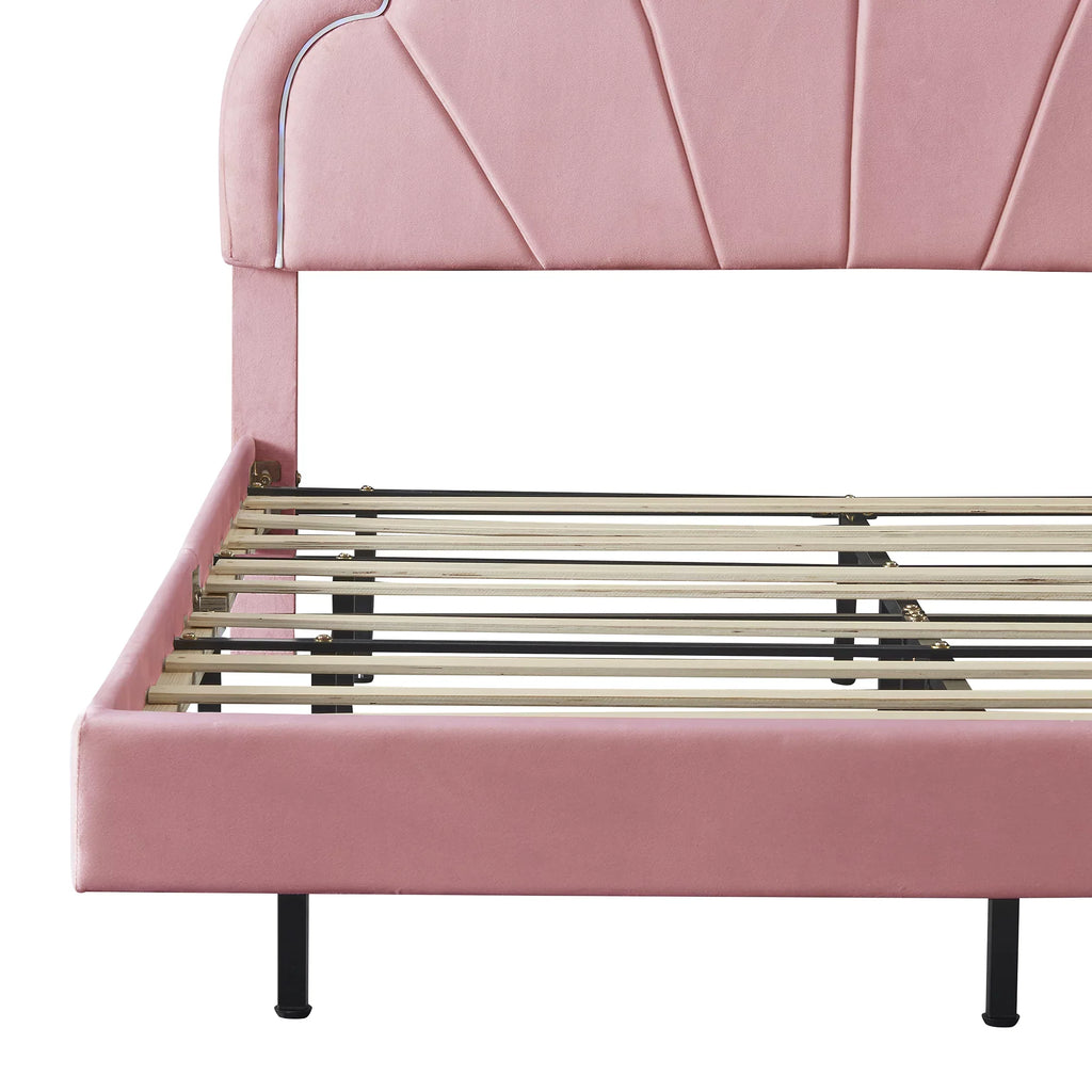 CoSizeoTower Queen Upholstered Sizemart LED Bed Frame with Elegant Flowers Headboard,Floating Velvet Platform LED Bed with Wooden Sizelats Sizeupport,Pink