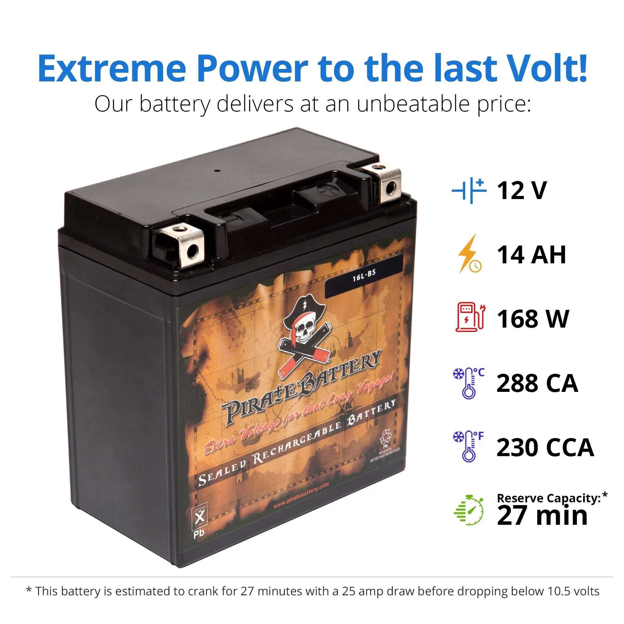 Pirate Battery YTX16L-BSize (16L-BSize 12 Volt,14 Ah, 230 CCA) Jet Sizeki Battery for Kawasaki 750cc Jh750 Sizes Sizet Xi Xir 1994