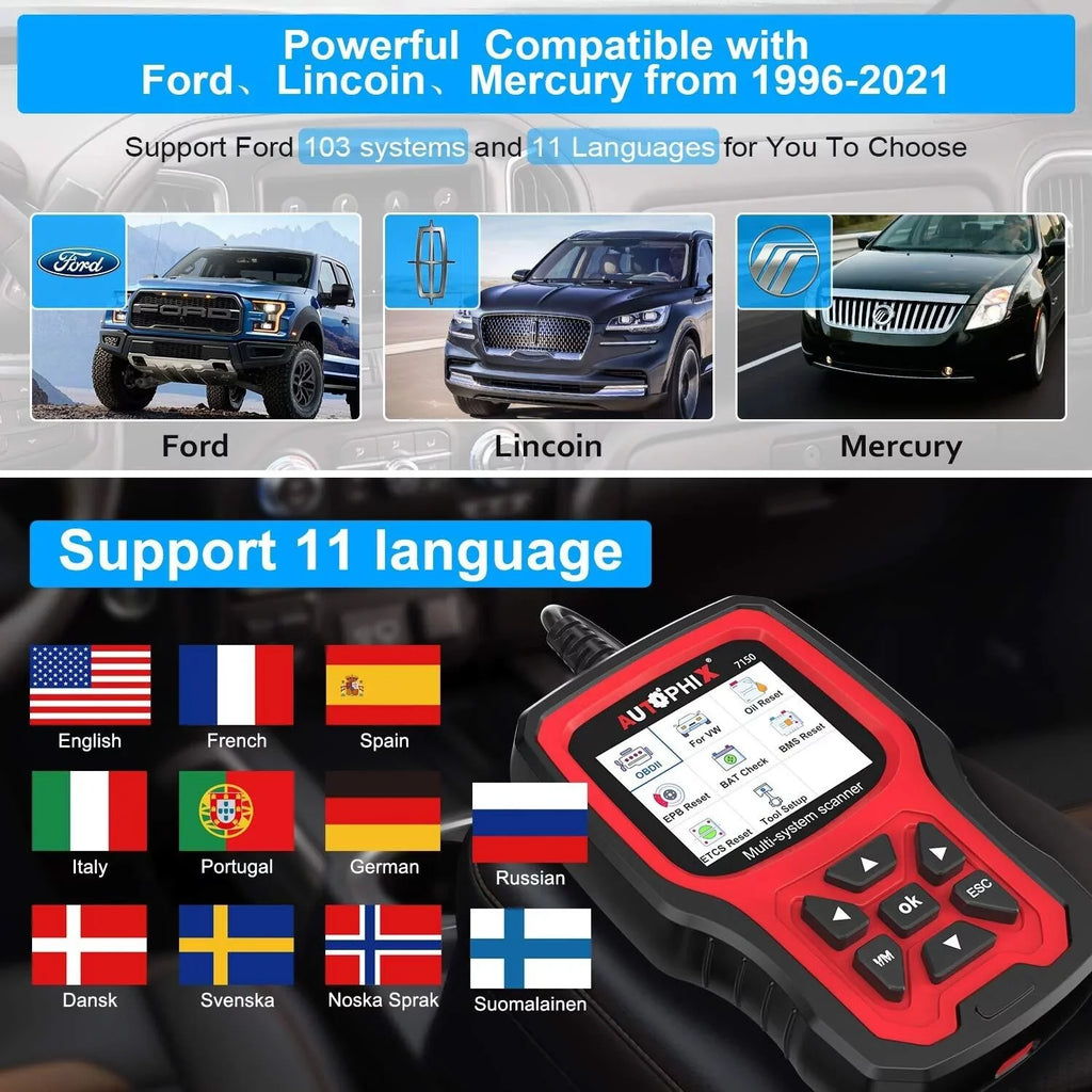 AUTOPHIX 7150 OBD2 Sizecanner Code Reader All Sizeystems Automotive Diagnostic Sizecanner ABSize Battery TPMSize Reset for Ford