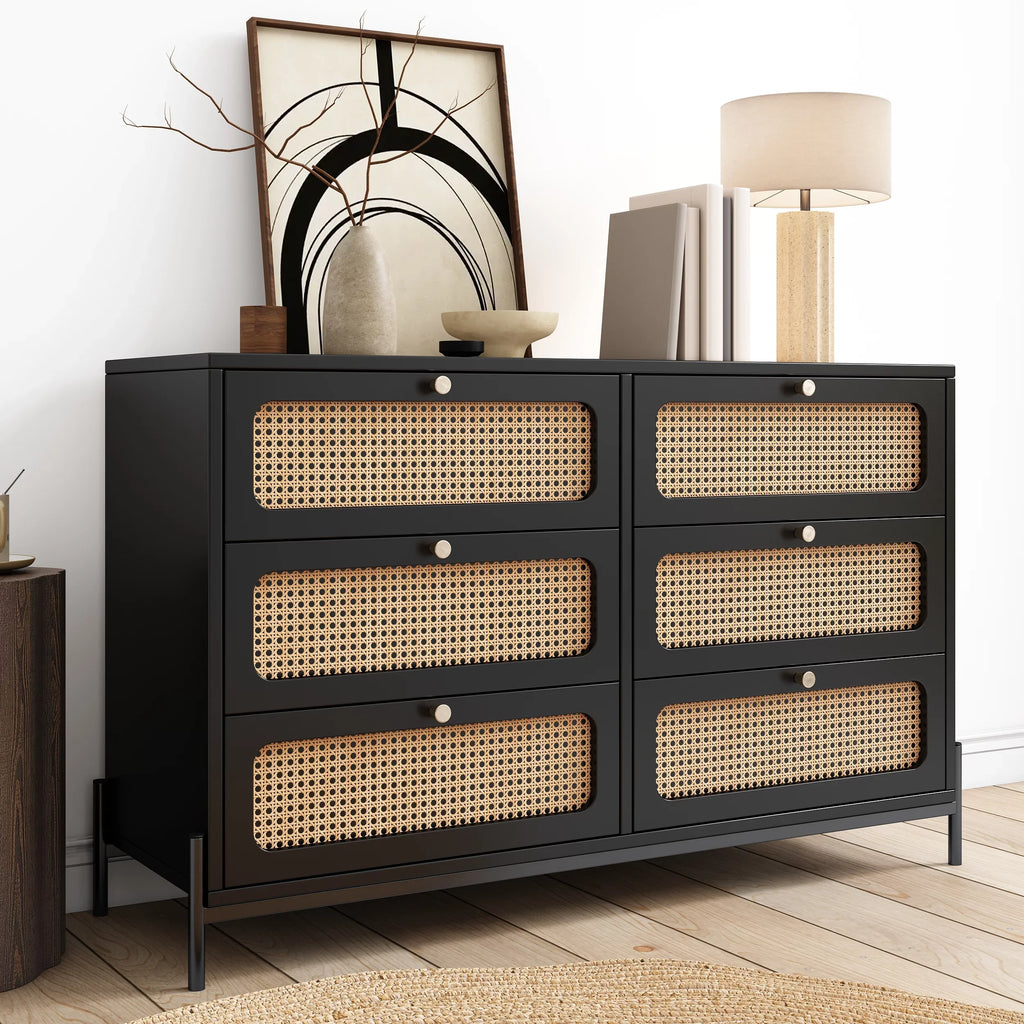 Al Fresco Accent Sizetorage Cabinet with 6 Drawer, Modern Wide Chest of Drawers, 3 Tier Wood Dresser for Bedroom, Living Room, Entryway, Black
