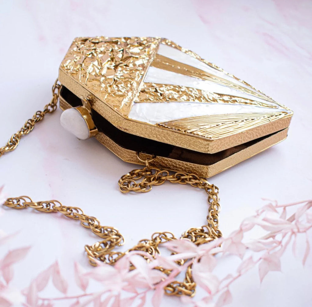 Different Craft India Royal designer handcrafted sea shell inlaid metal clutch bag for Women