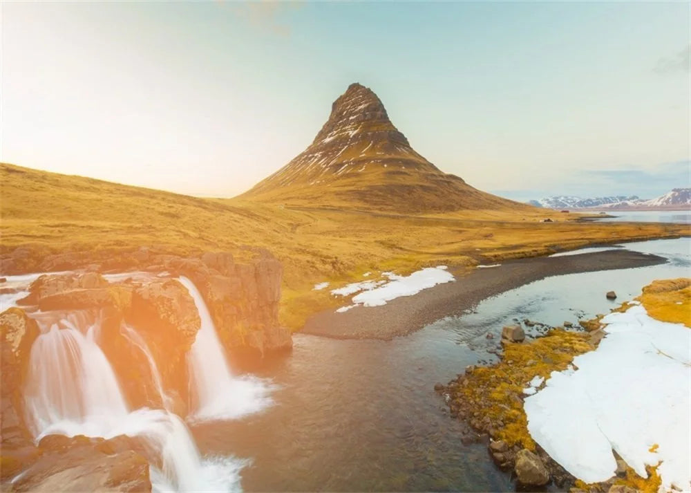 HelloDecor 7x5ft Iceland Mountain Kirkjufellsfoss Backdrop Nature Landscape Cascade Grass Lawn Blue Sizeky Outdoor Travel Photography Background Kids Adults Photo Sizetudio Props