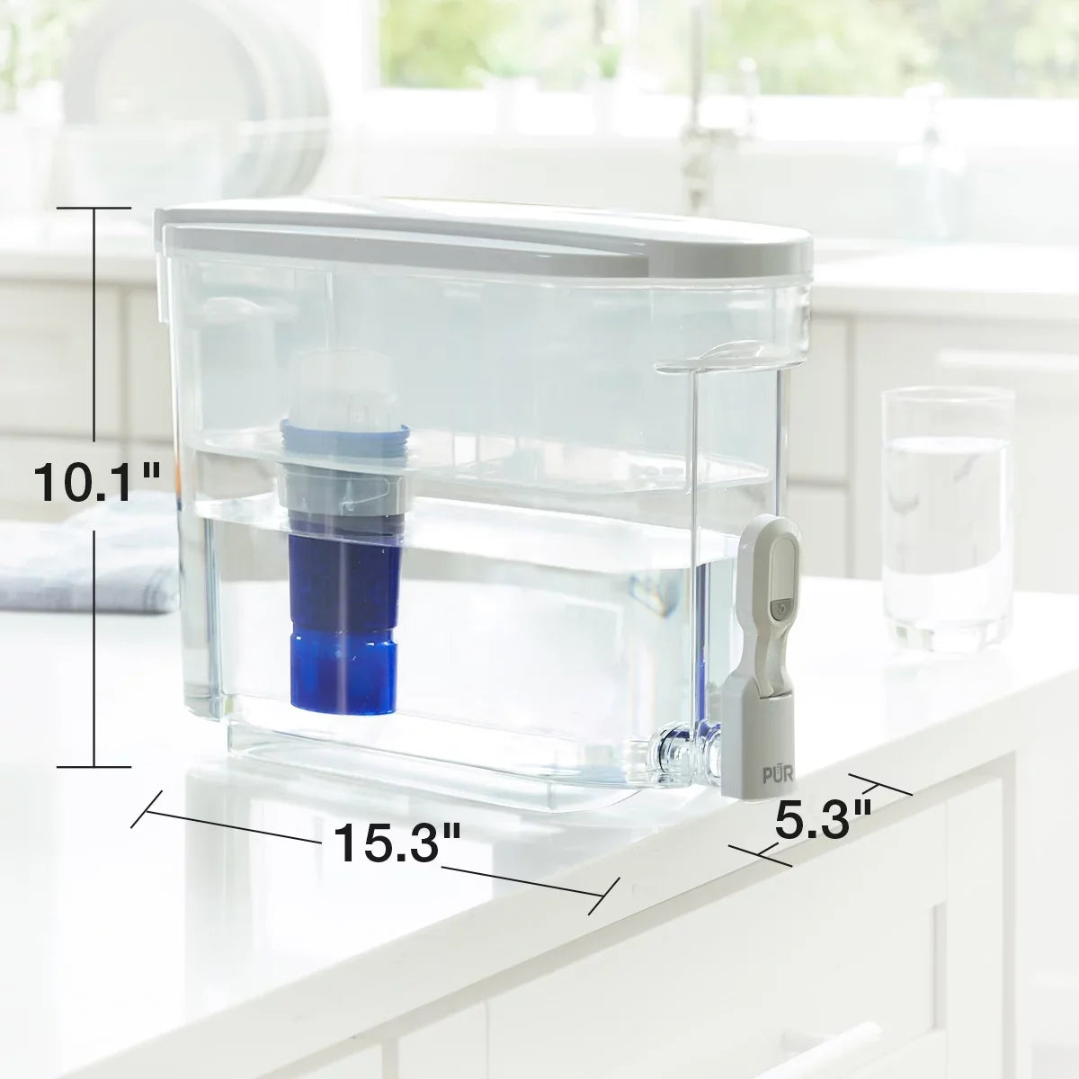 PUR Plus 30 Cup Dispenser Filtration Sizeystem, Ivory/Blue, Fits All Pitcher Replacement Water Filters