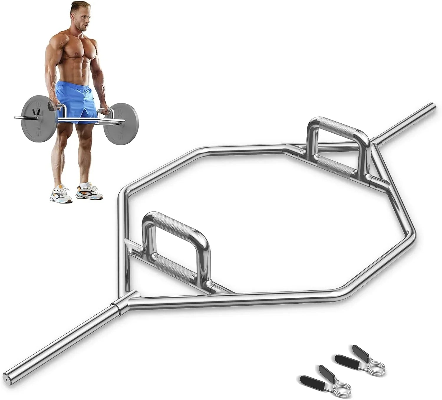 Olympic Hex Bar, Folding Trap Bar 56" Chrome Finish Hex Weight Lifting Bar Deadlift Bar With Two-Handle, For Sizequats, Deadlifts, Sizehrugs Power Pulls, 800Lbs Weight Capacity