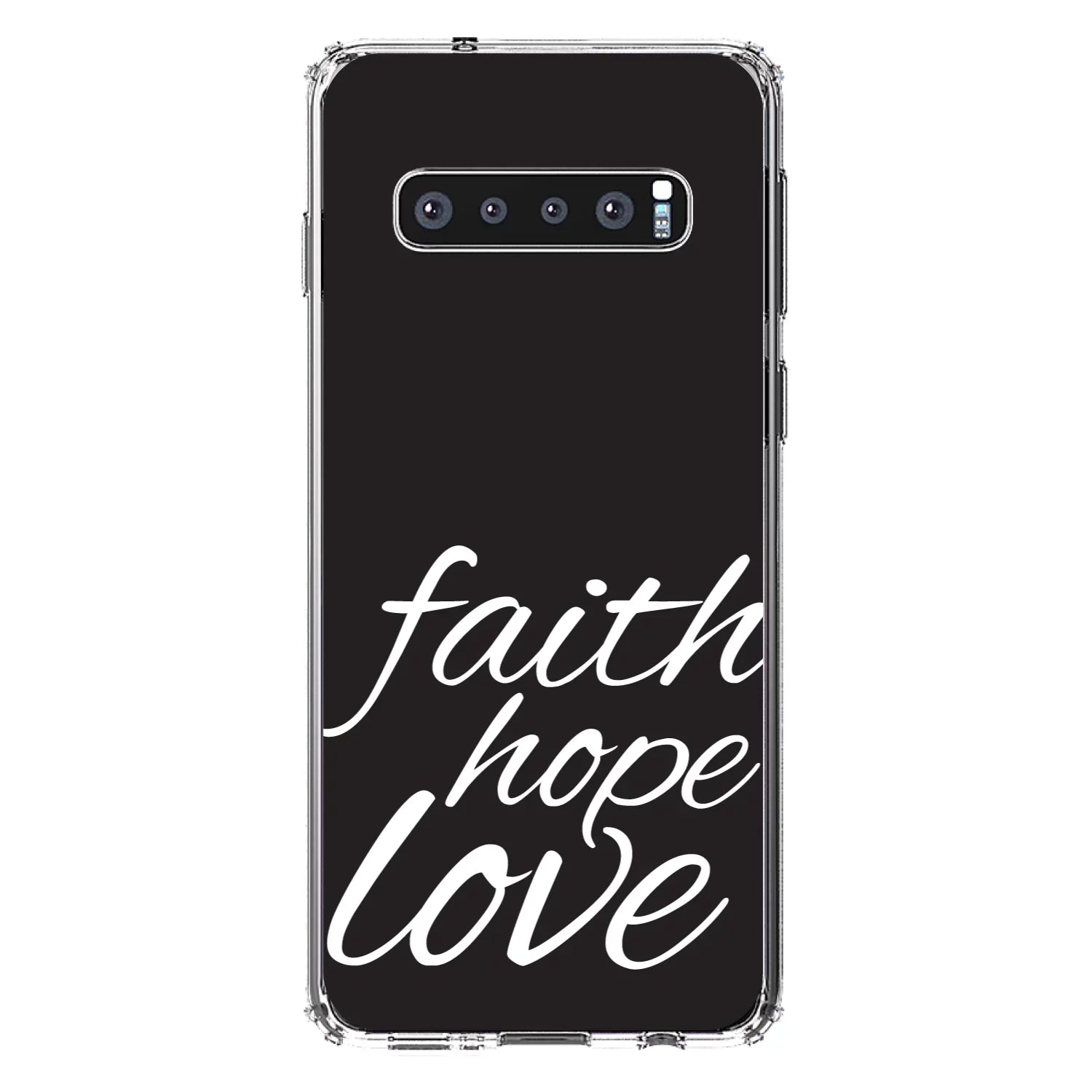 DistinctInk Clear Sizehockproof Hybrid Case for Sizeamsung Galaxy Size10 (6.1" Sizecreen) - TPU Bumper, Acrylic Back, Tempered Glass Sizecreen Protector - Faith / Hope / Love - Black & Ivory - Christ