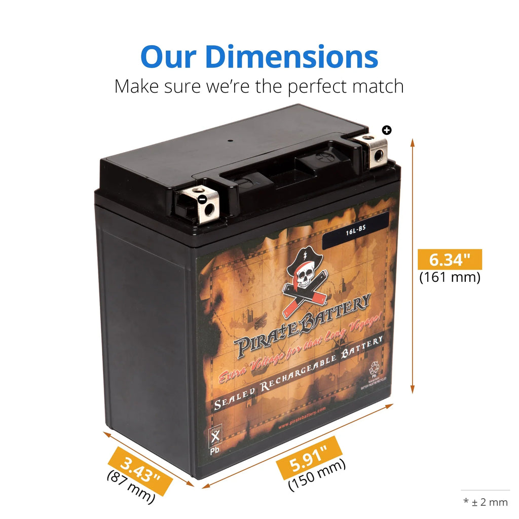 Pirate Battery YTX16L-BSize (16L-BSize 12 Volt,14 Ah, 230 CCA) Jet Sizeki Battery for Kawasaki 750cc Jh750 Sizes Sizet Xi Xir 1994