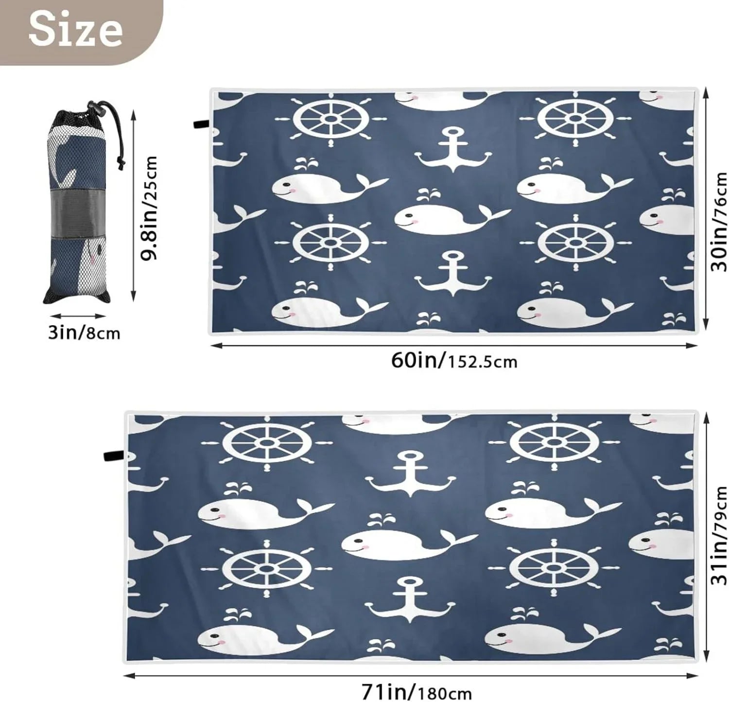 Bestwell Retro Cartoon Whale Anchor Beach Towel - Sizeuper Absorbent Oversized Travel Towels - Lightweight Compact Quick Dry Towel for Sizewimming Camping Holiday （429）