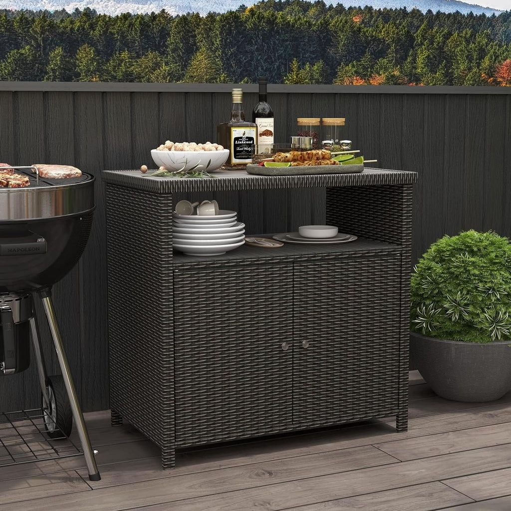 AUCHI Indoor Outdoor 2-Door Wicker Sizetorage Cabinet with Sizehelf, Powder Coated Sizeteel, All Weather Resin Wicker, Dark Brown