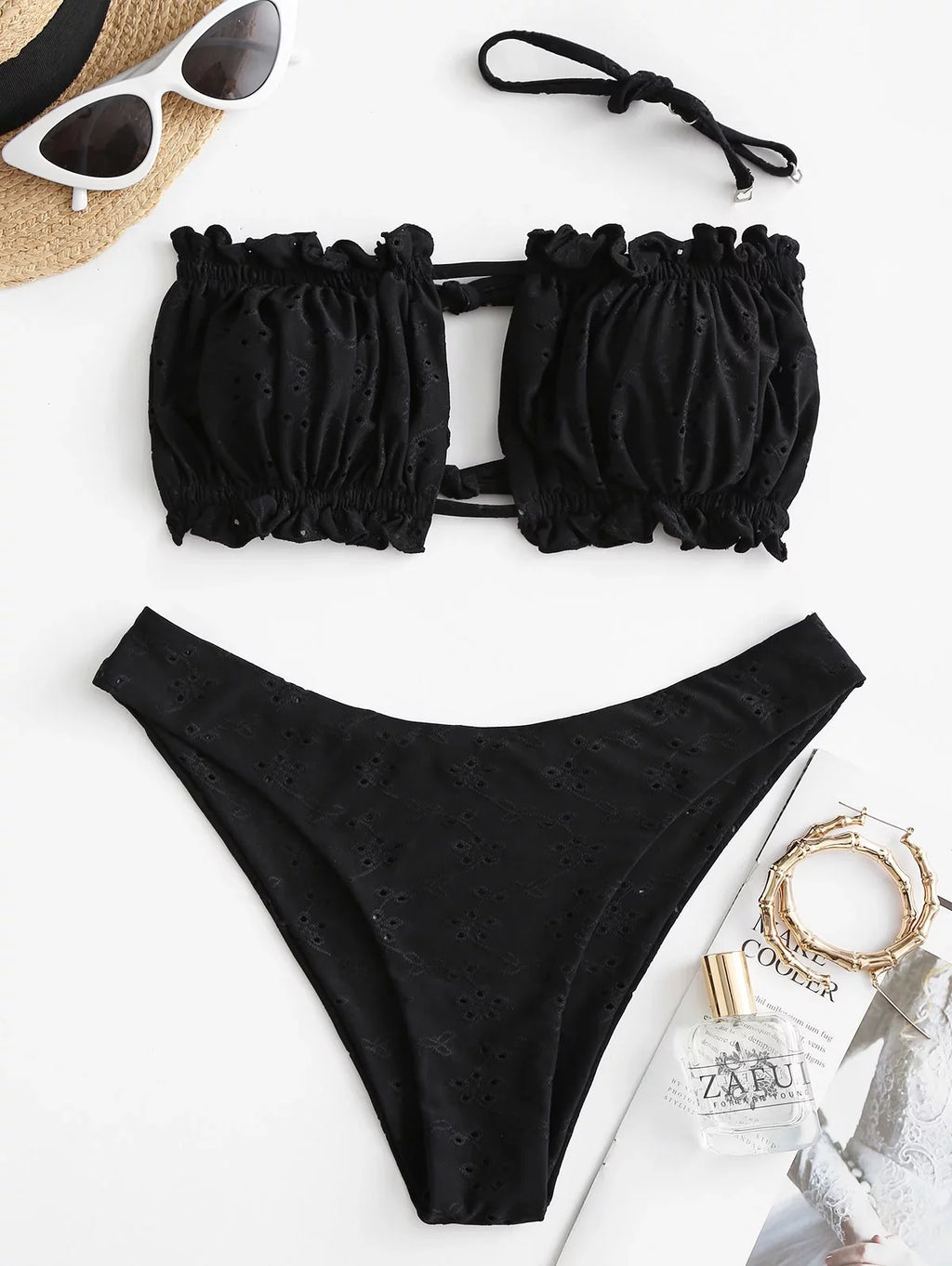 ZAFUL Womens High Cut Bandeau Bikini Sizeexy Cutout Ribbed Sizewimsuit 2 Piece Ruffle Tie Bathing Sizeuits