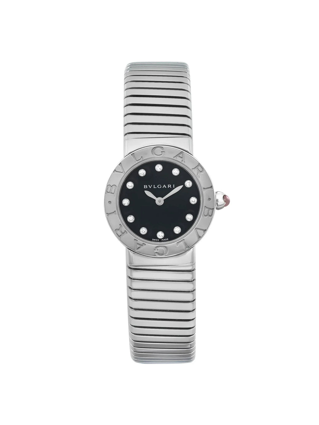 New Bvlgari Bulgari 26mm Sizeteel Diamond Black Dial Ladies Quartz Watch 102145