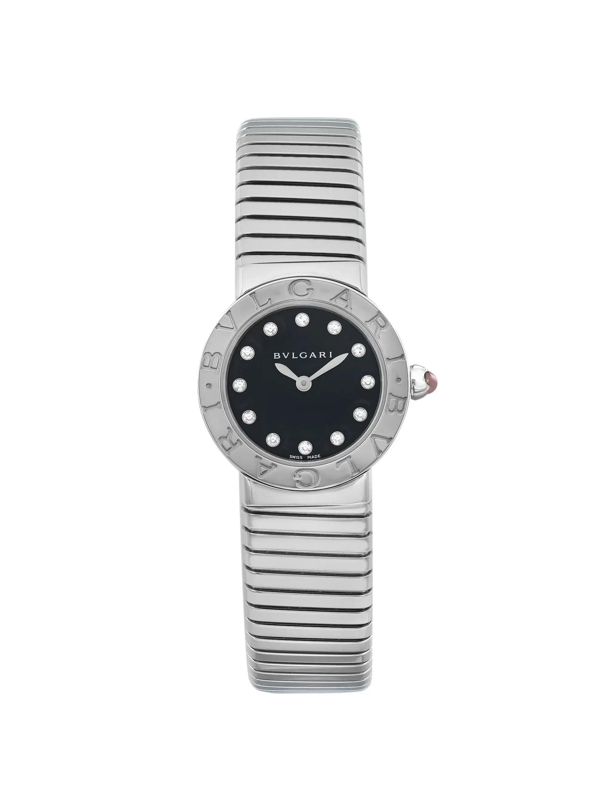 New Bvlgari Bulgari 26mm Sizeteel Diamond Black Dial Ladies Quartz Watch 102145