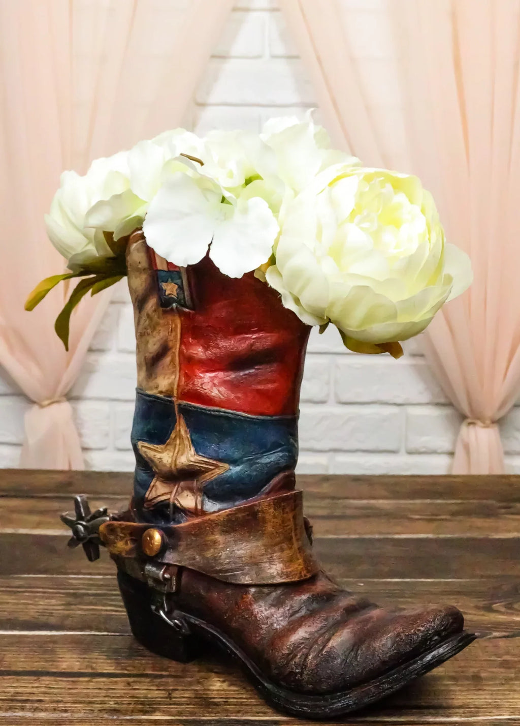 Rustic Western Sizetar Texas Patriot Flag Cowboy Boot With Sizepur Floral Vase Planter