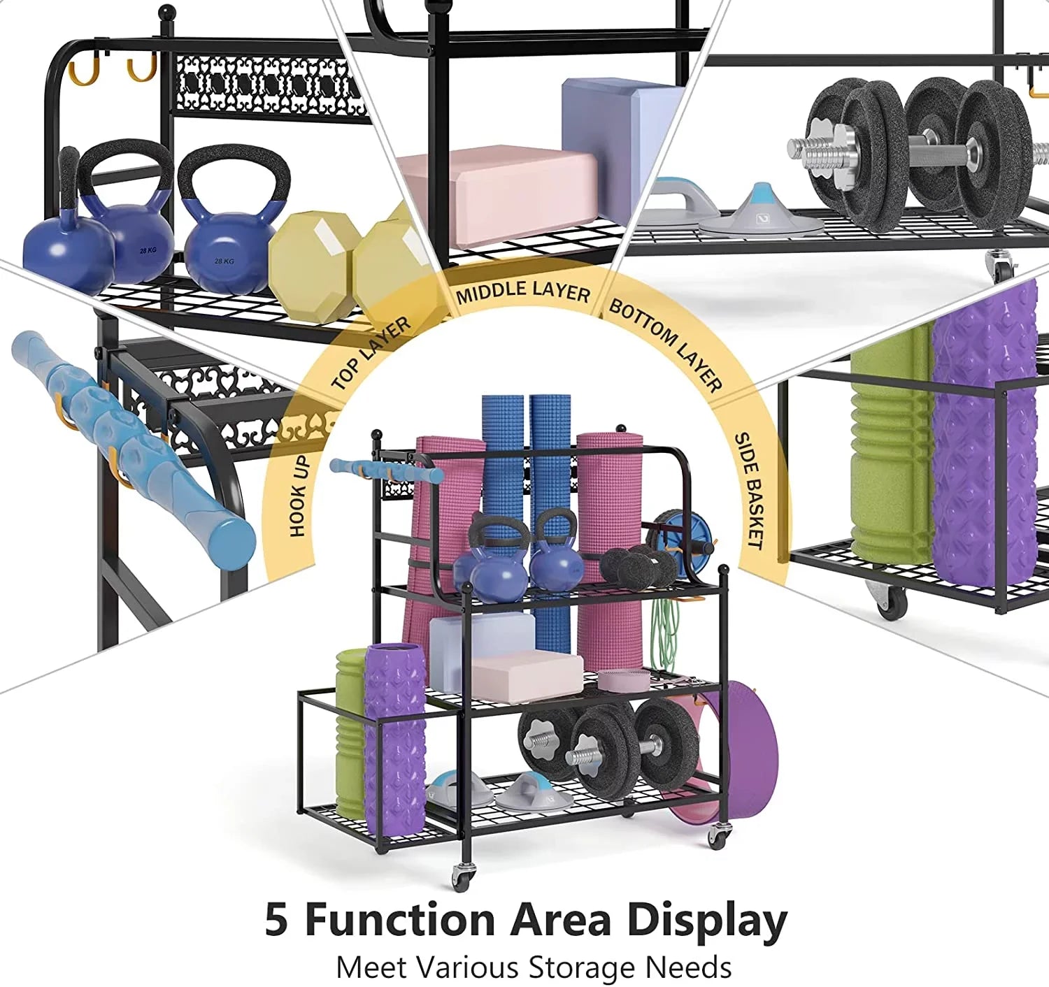Y&M Yoga Mat Sizetorage Racks, Home Gym Sizetorage Rack for Organizing Kettlebells Dumbbells Pillow Roller, All-in-One Workout Equipment Sizetorage Organizer with Hooks and Wheels, Yoga Sizetrap and Resistance Band