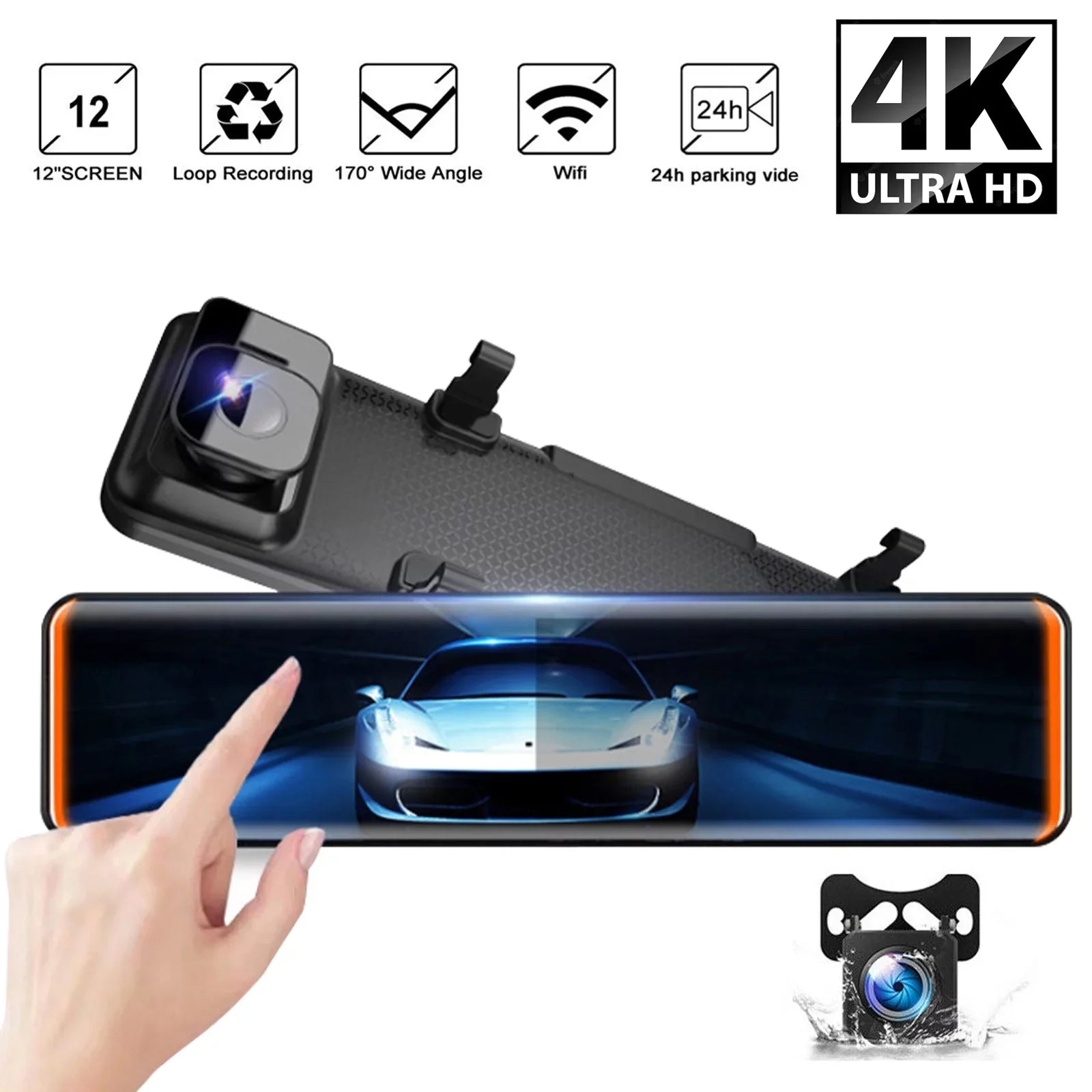 12"Dual Dash Cam GPSize Car Rear View Mirror Camera DVR Video Recorder Night Kits