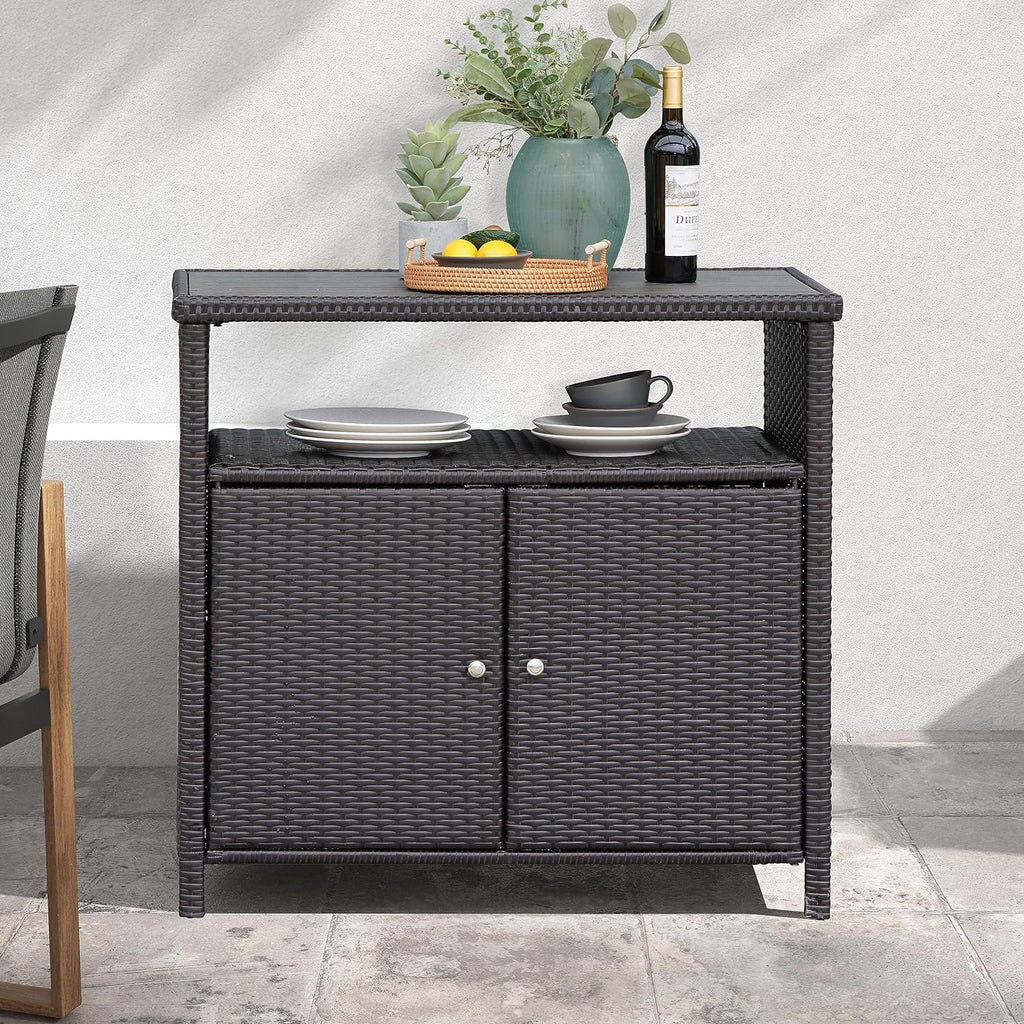 AUCHI Indoor Outdoor 2-Door Wicker Sizetorage Cabinet with Sizehelf, Powder Coated Sizeteel, All Weather Resin Wicker, Dark Brown