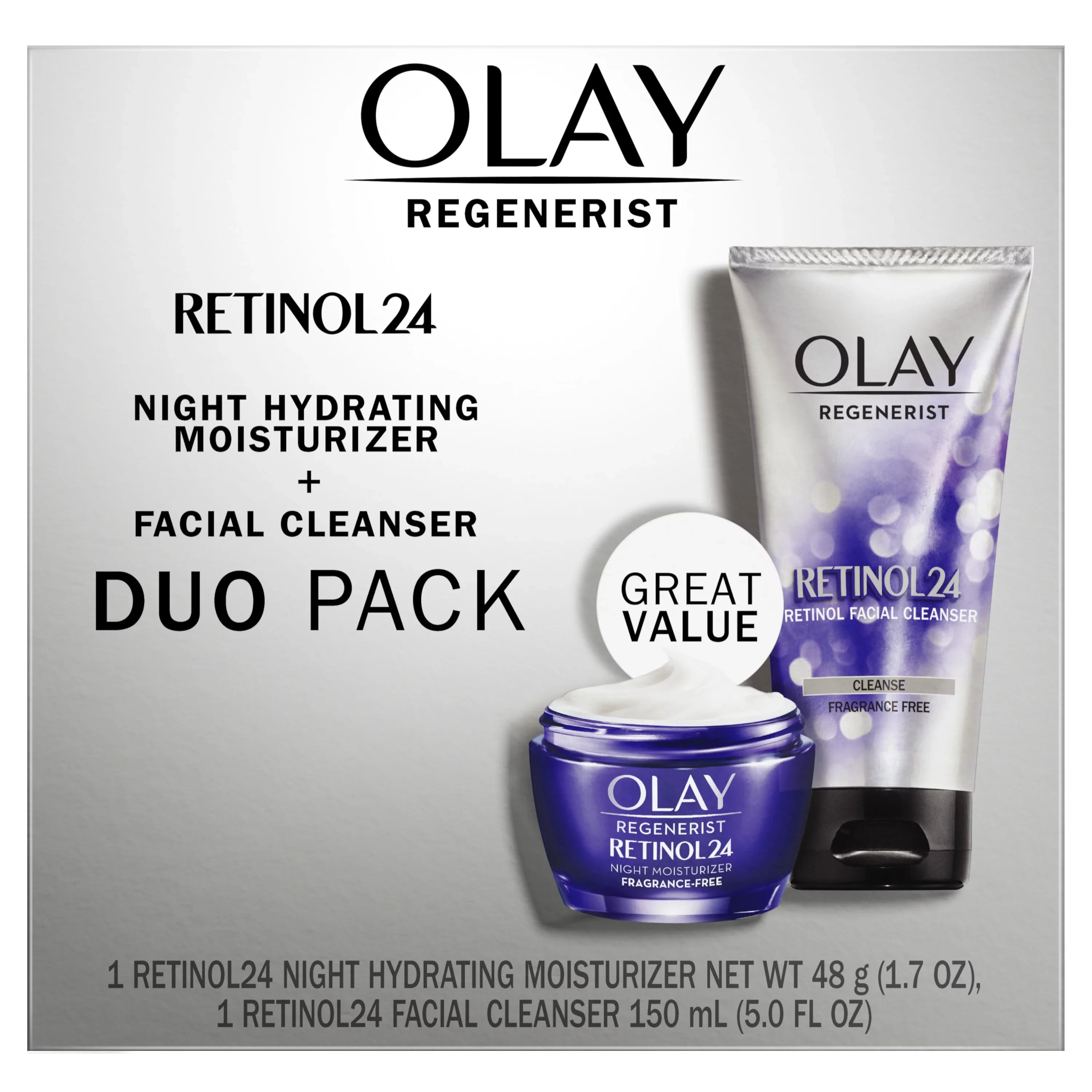 Olay Retinol 24 Duo Pack, Cleanser 5.0 fl oz, Moisturizer 1.7 oz, pack of 2