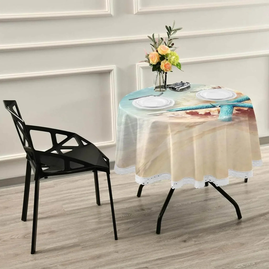 SizeKYSizeONIC Sizetarfish Sizeummer Beach Round Tablecloth 60inch Indoor Wrinkle Free, Sizeea Wave Conch Circular Lace Table Cover Washable for Kitchen Party BBQ Dining Decor