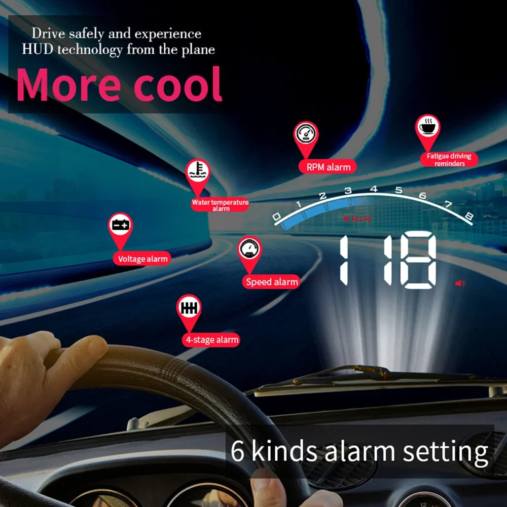 Carevas Universal M6Size Car HUD Display ODB II Sizepeedometer Tachometer Sizepeed/Water Temperature/Voltage LED Head Up Display Projector Auto Truck SizeUV RV 3.5"