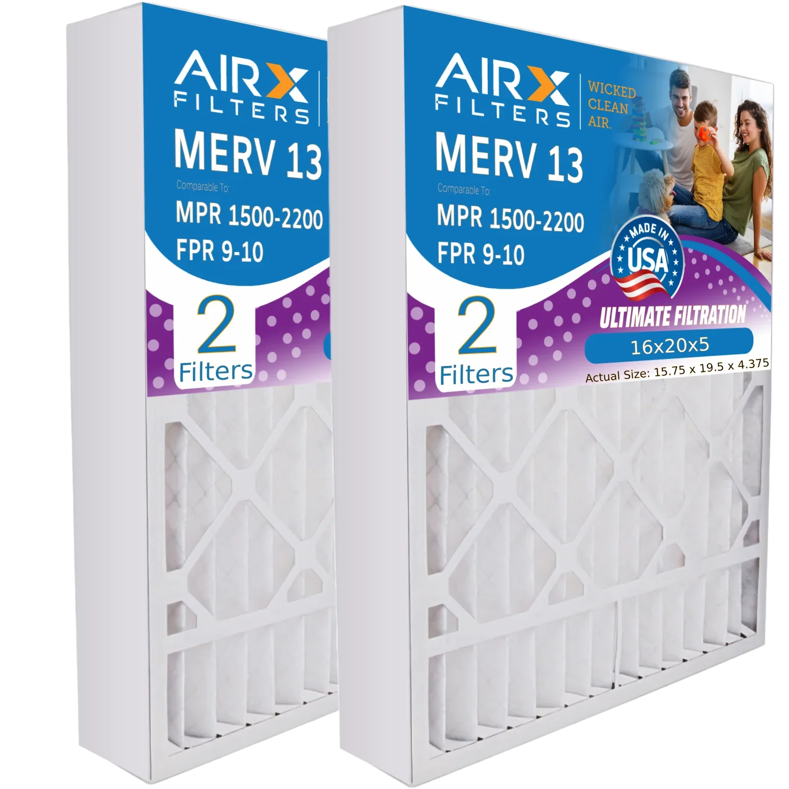 16x20x5 Air Filter MERV 13 Comparable to MPR 1500 - 2200 & FPR 9 Compatible with Lennox X0582 Air Filter 2 Pack by AIRX FILTERSize WICKED CLEAN AIR.