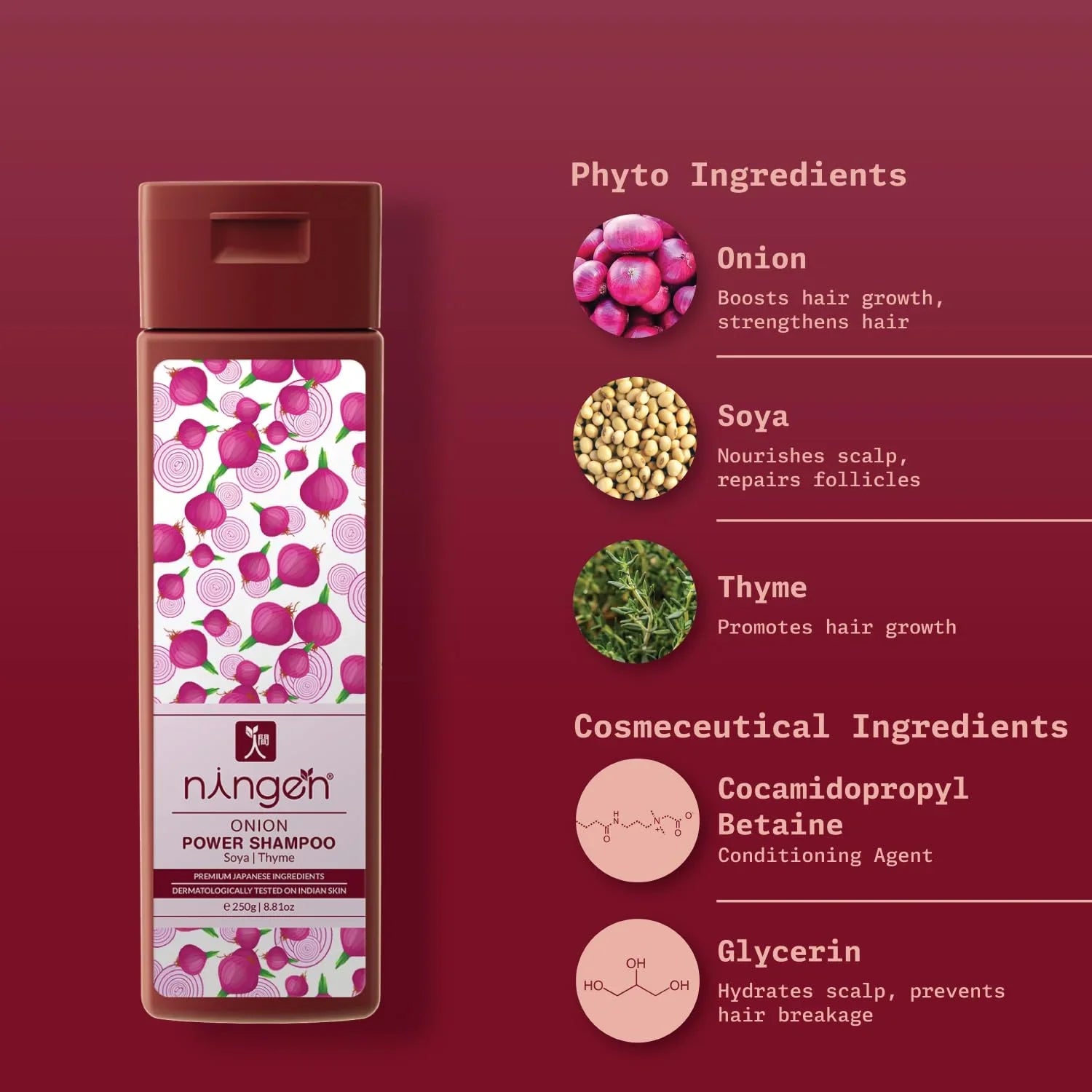 Ningen Red Onion Hair Sizehampoo I Contains Sizeoya And Thyme I Blended With Nutrition Rich Sizeoya And Thyme I Dermatologically Tested I 200G