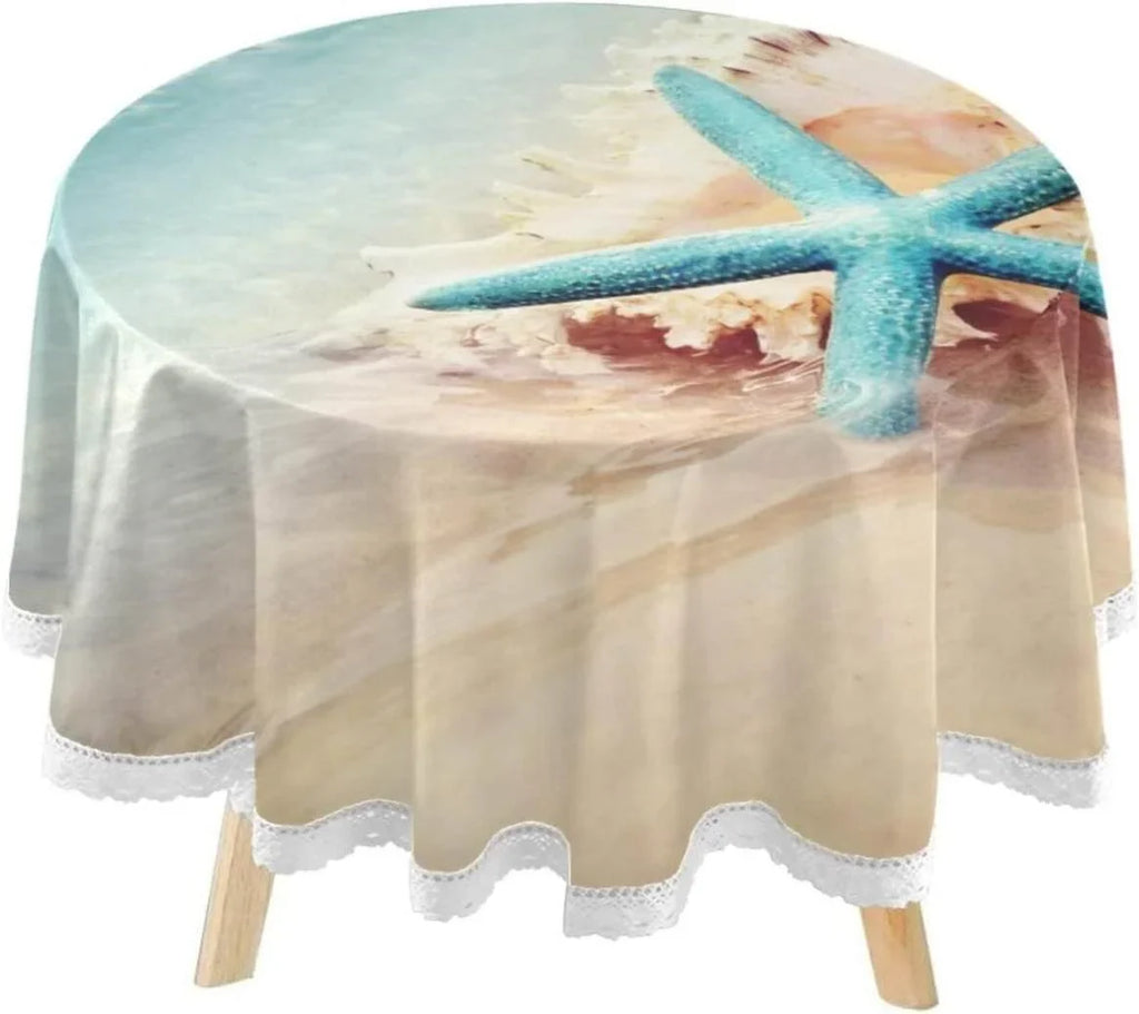 SizeKYSizeONIC Sizetarfish Sizeummer Beach Round Tablecloth 60inch Indoor Wrinkle Free, Sizeea Wave Conch Circular Lace Table Cover Washable for Kitchen Party BBQ Dining Decor