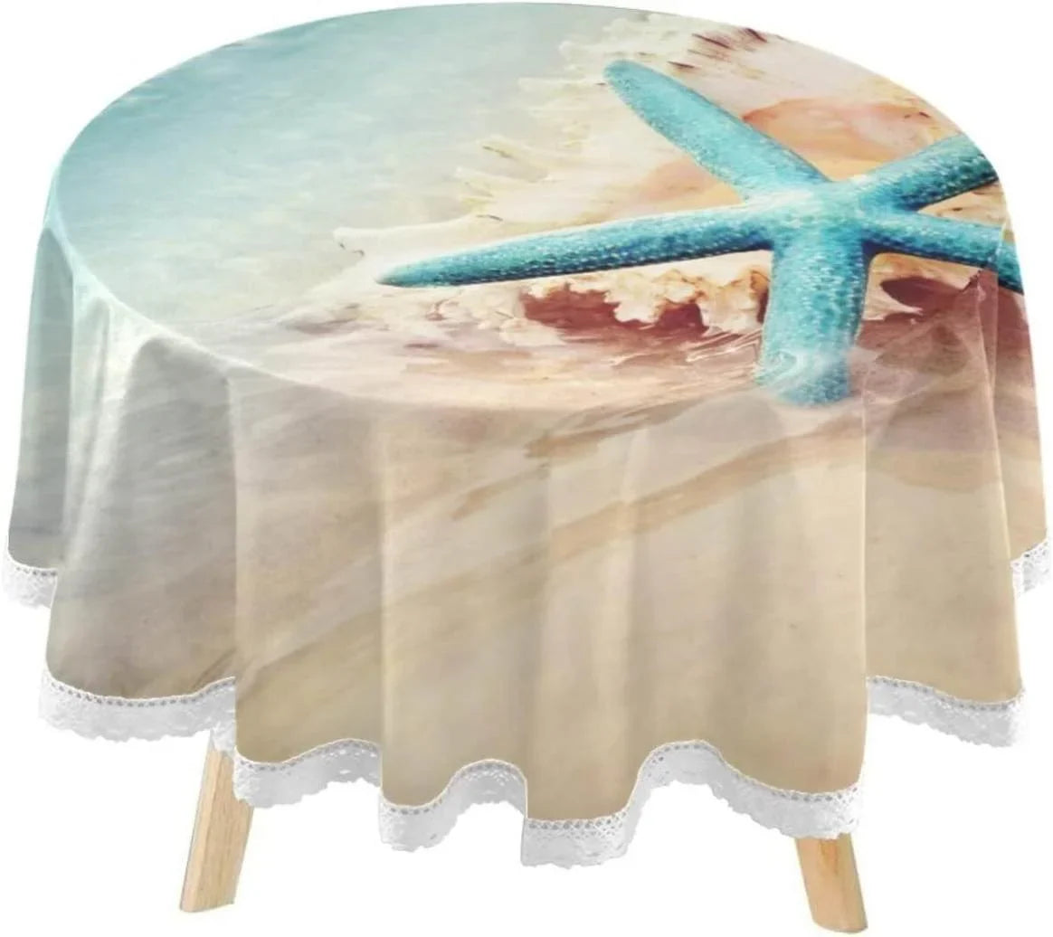 SizeKYSizeONIC Sizetarfish Sizeummer Beach Round Tablecloth 60inch Indoor Wrinkle Free, Sizeea Wave Conch Circular Lace Table Cover Washable for Kitchen Party BBQ Dining Decor