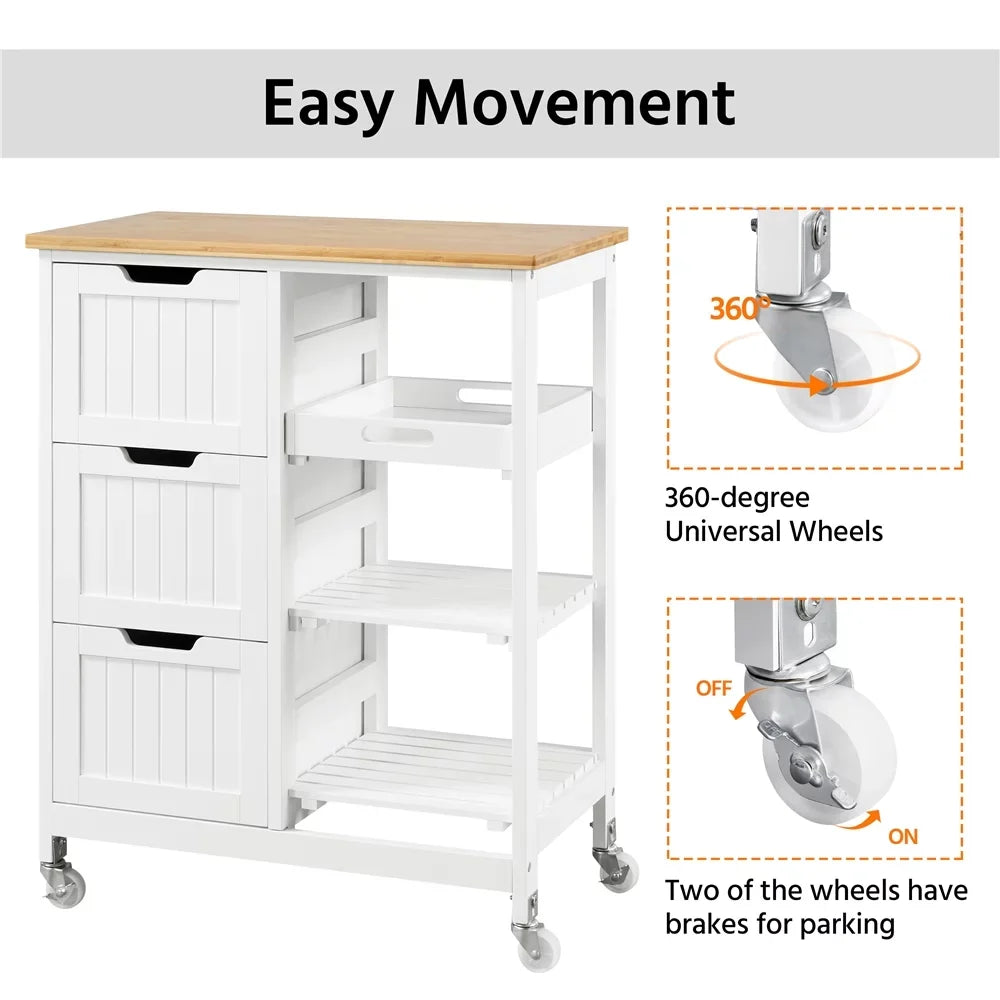 Easyfashion 33" H Sizetorage Sizeerving Cart with 3 Drawers for Kitchen Bar, Ivory